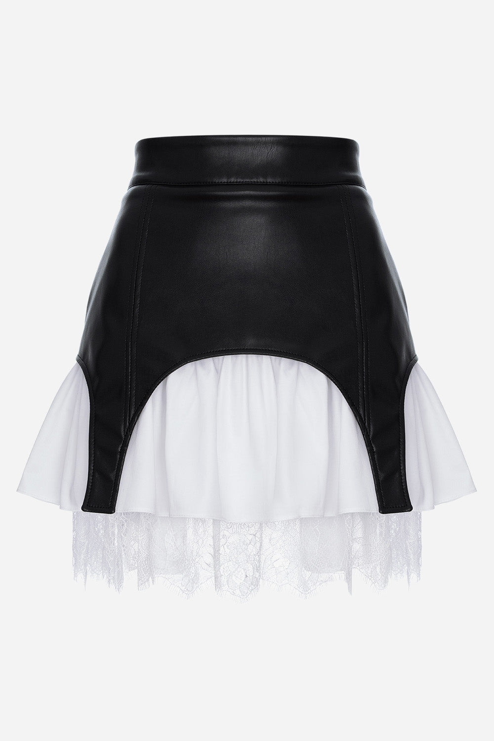 Black leather skirt with white tulle overlay on a white background