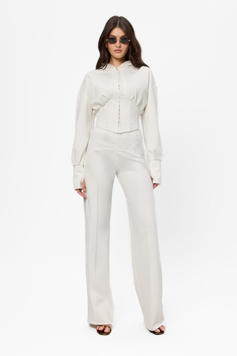 Karol off-white hoodie with a sheer lace corset
