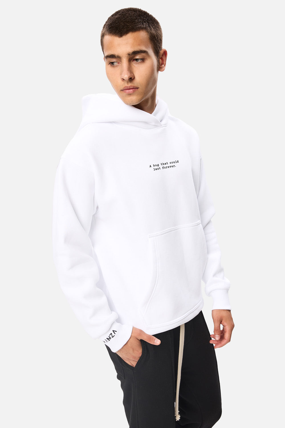 A hug that could last 4ever Printed Fleece Hoodie Barbati | Confort & Eleganță | Alb | Atelier Hamza