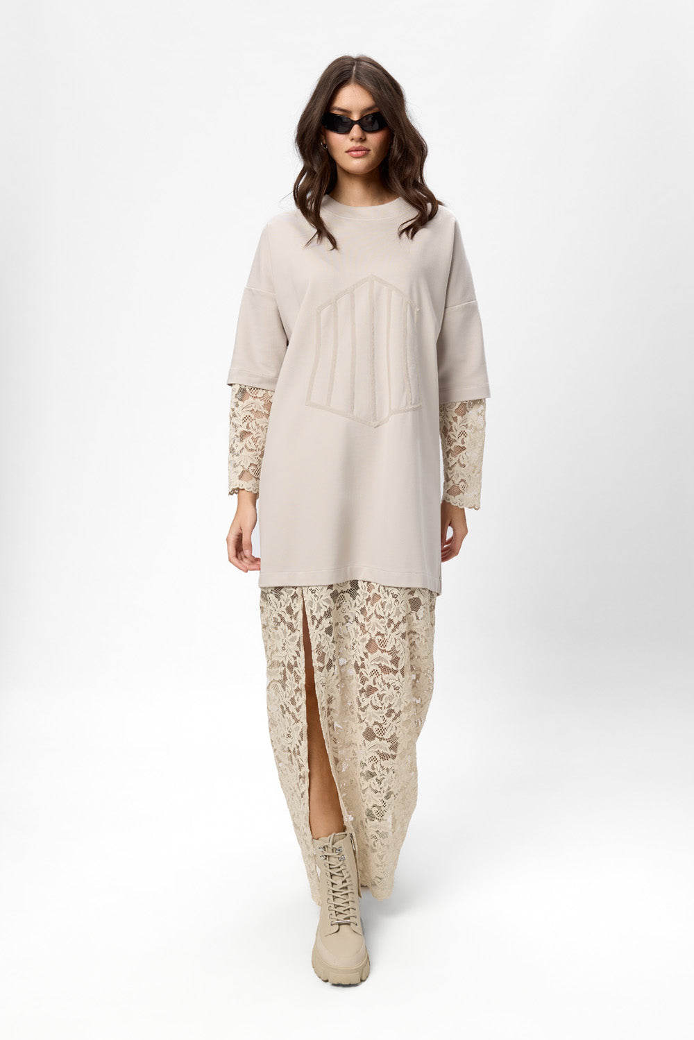 Venice vanilla Dress with lace skirt and sleeves