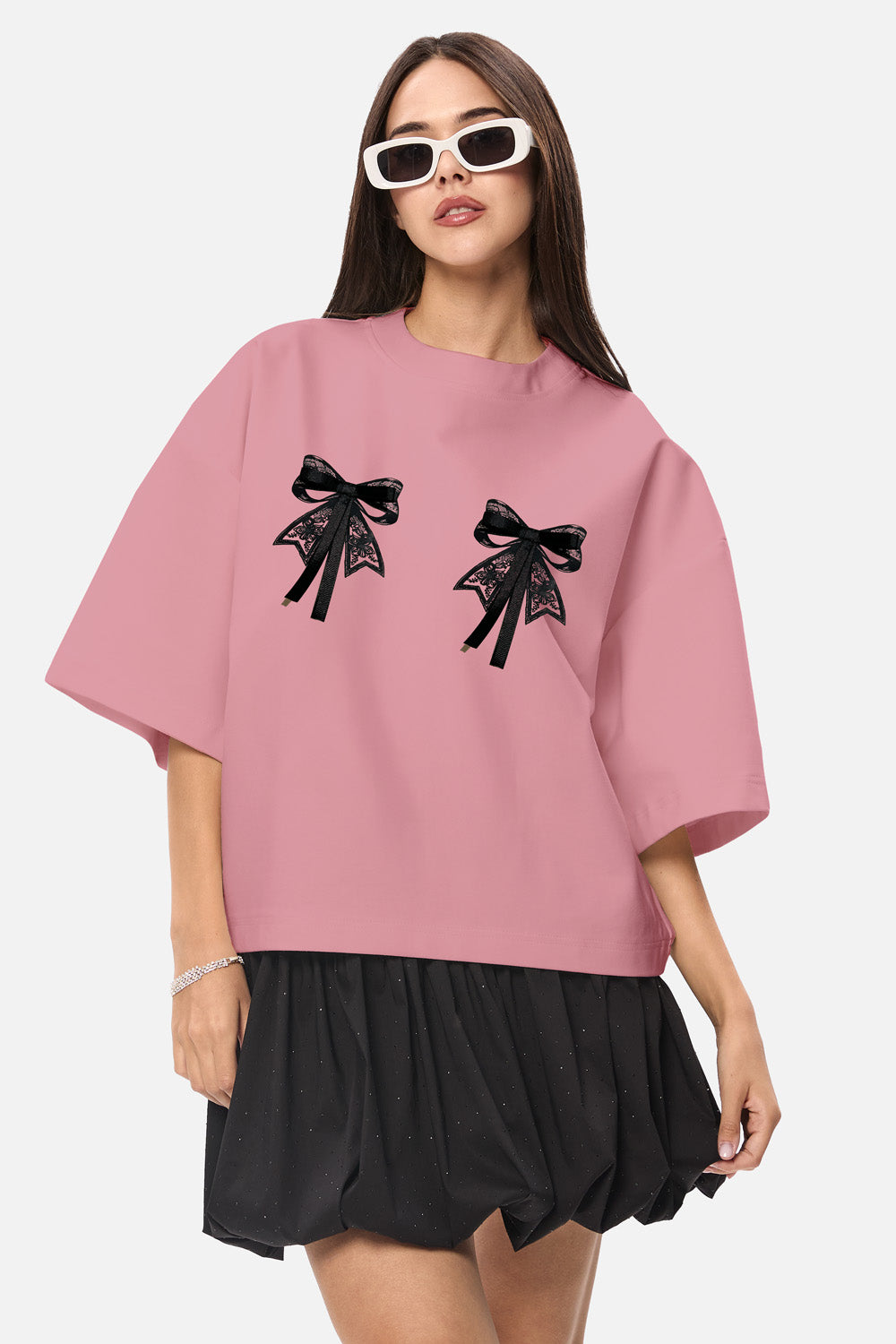 Tricou cu imprimeu si fundite aplicate Luna | Femei | Roz | Stil Modern & Elegant | Confort & Funcționalitate | Atelier Hamza
