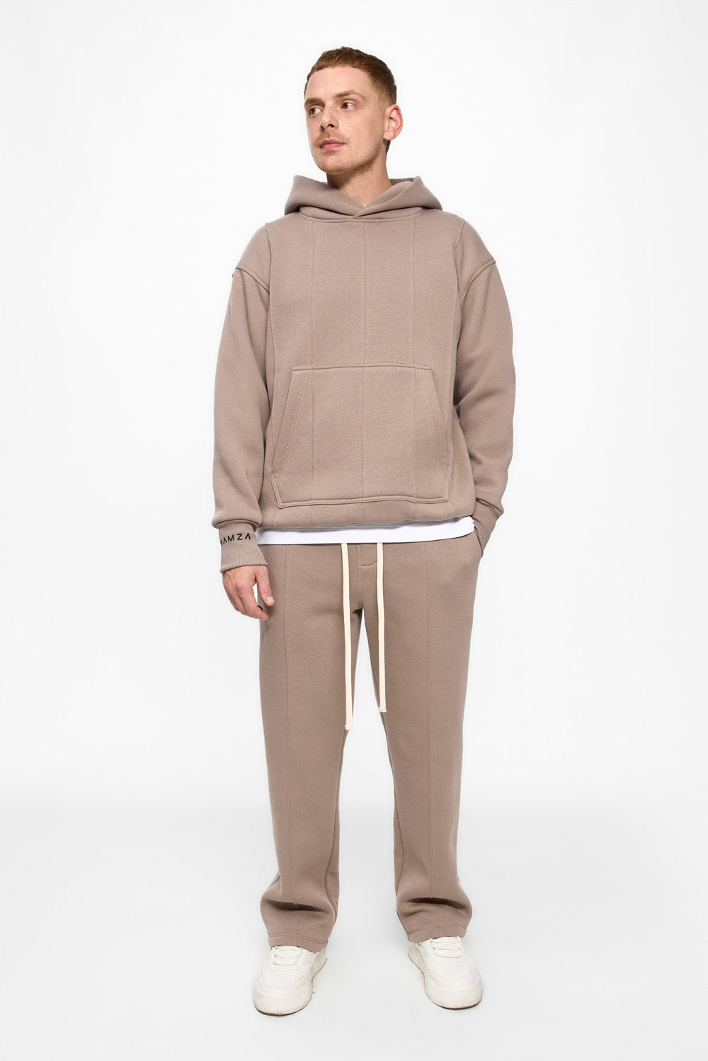 247 beige fleece Hoodie with decorative stitching