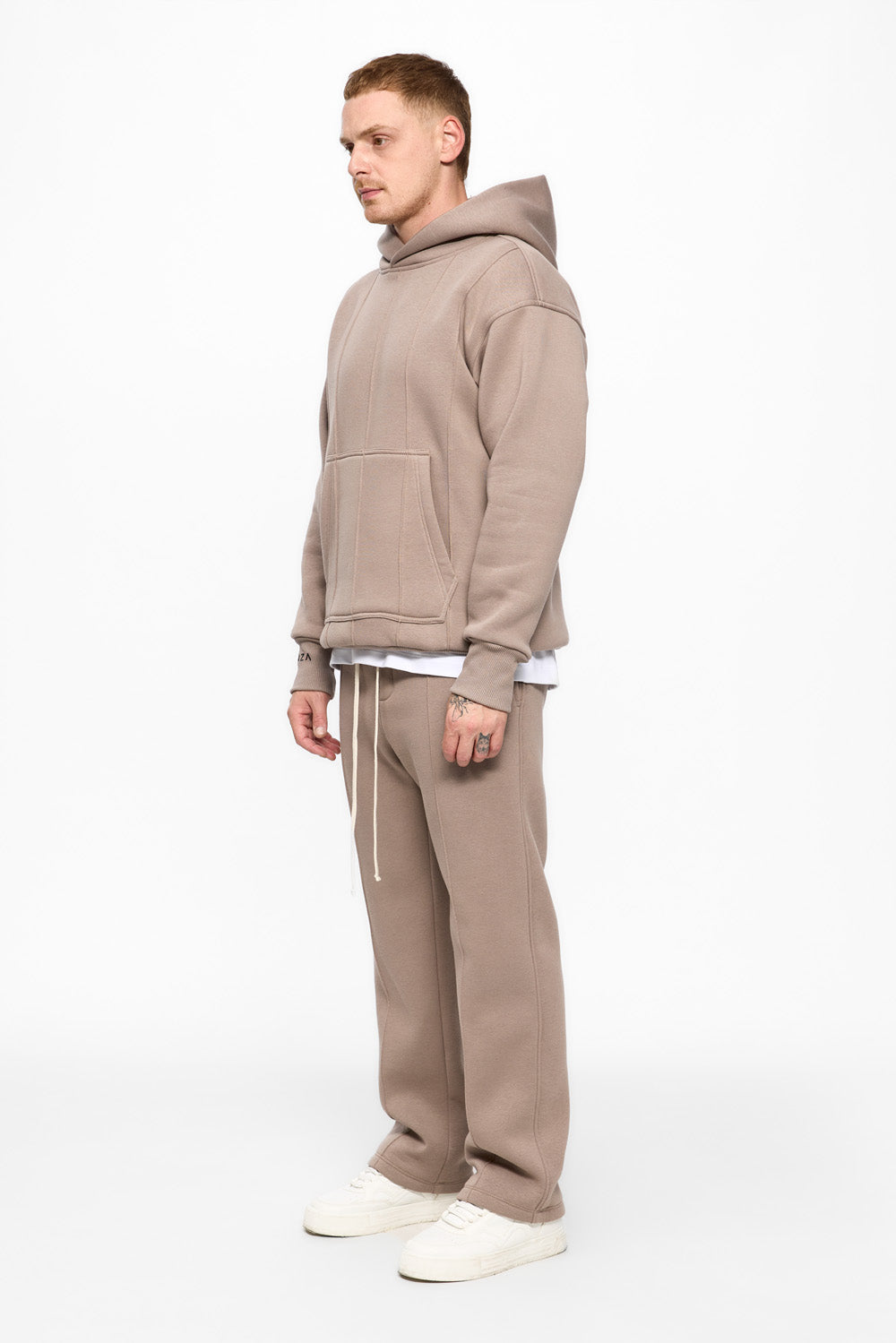 247 beige fleece Hoodie with decorative stitching