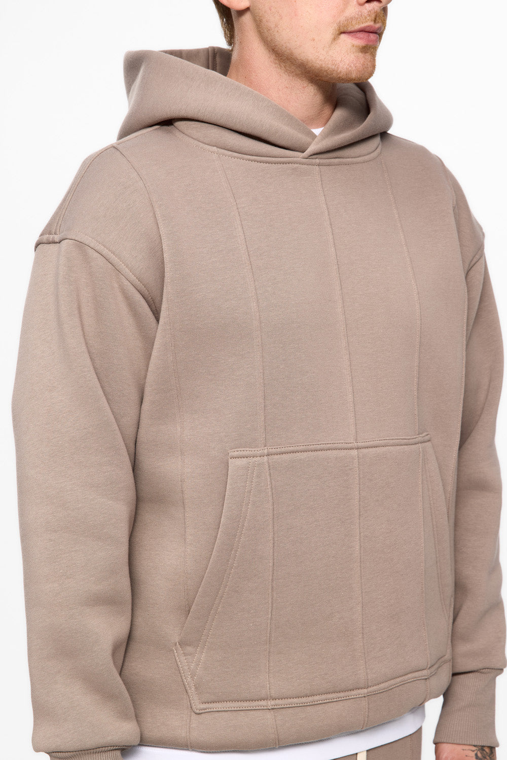 247 beige fleece Hoodie with decorative stitching