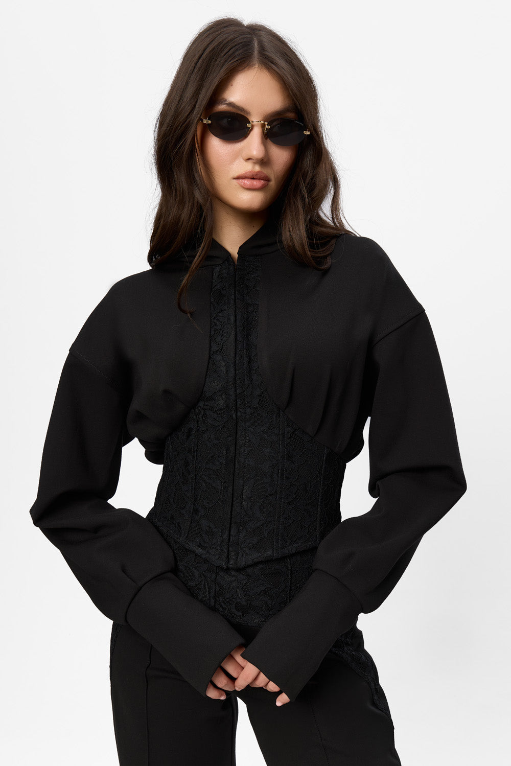 Karol black hoodie with a sheer lace corset