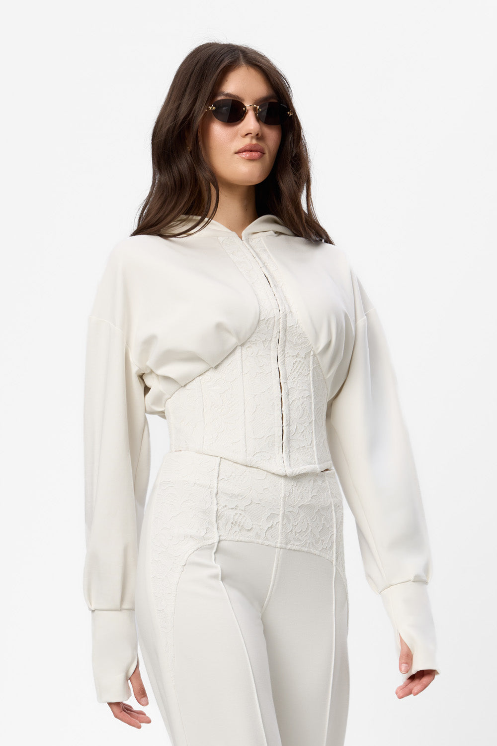 Karol off-white hoodie with a sheer lace corset