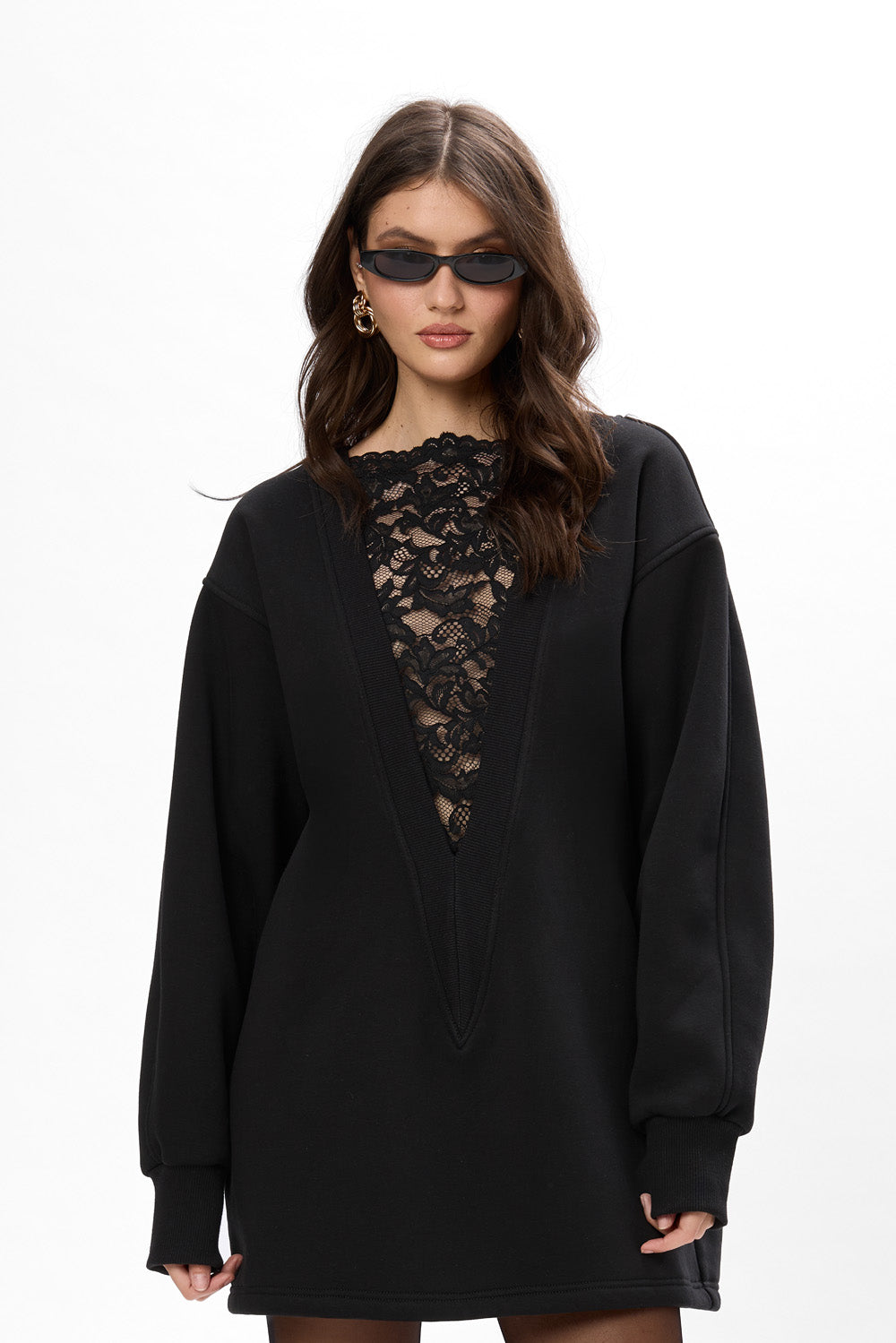 Bipolar fleece Black Dress with sheer lace