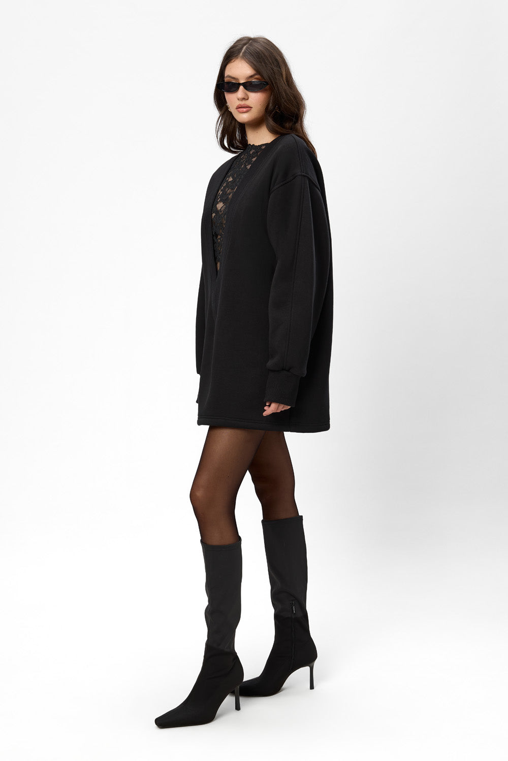 Bipolar fleece Black Dress with sheer lace