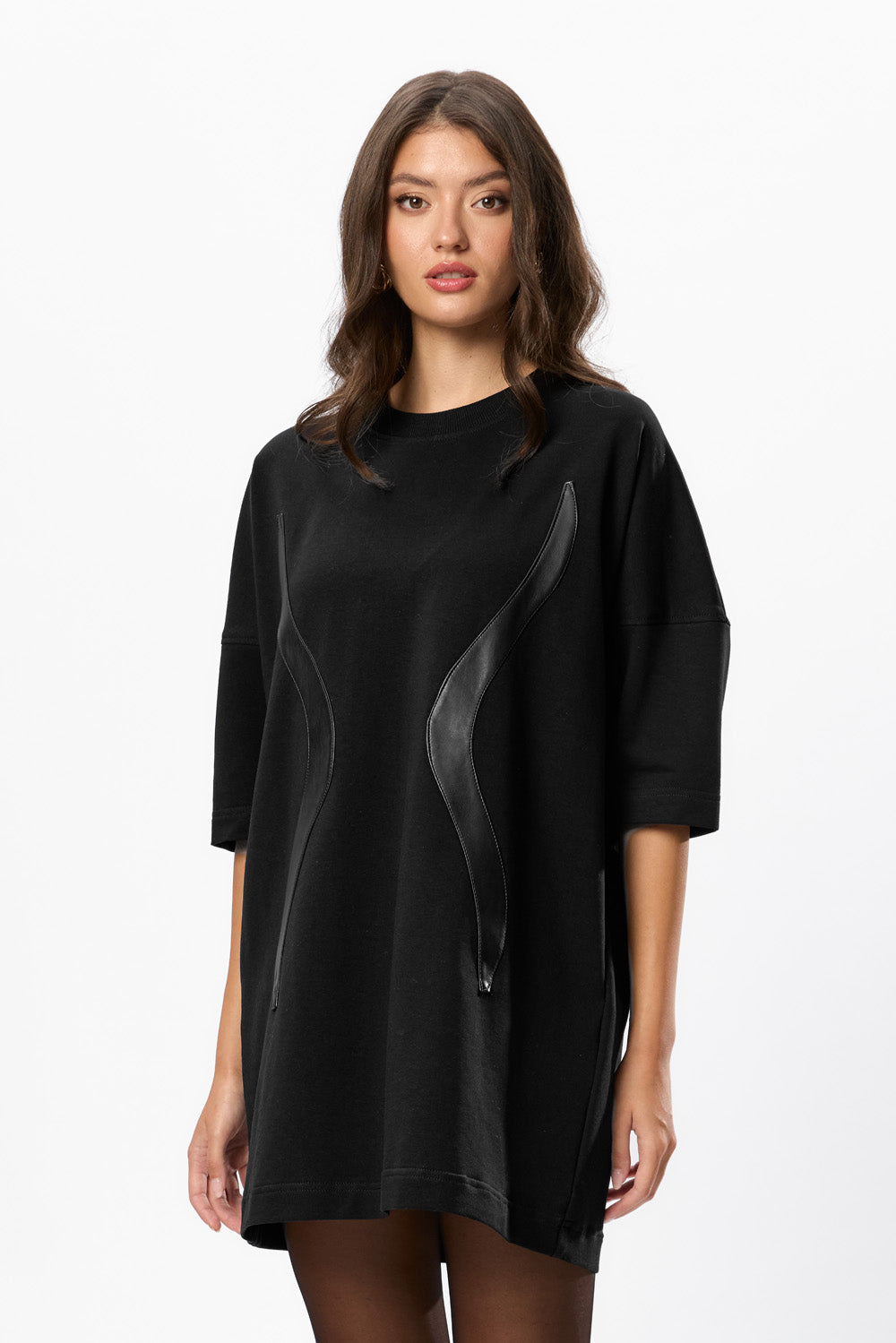 Gitana Mini Dress with Leather Stripes Black