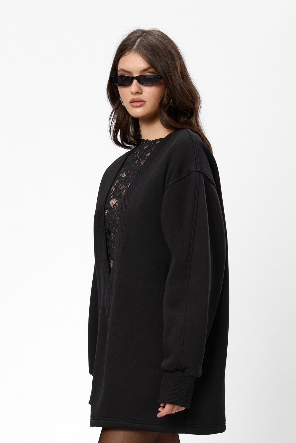 Bipolar fleece Black Dress with sheer lace