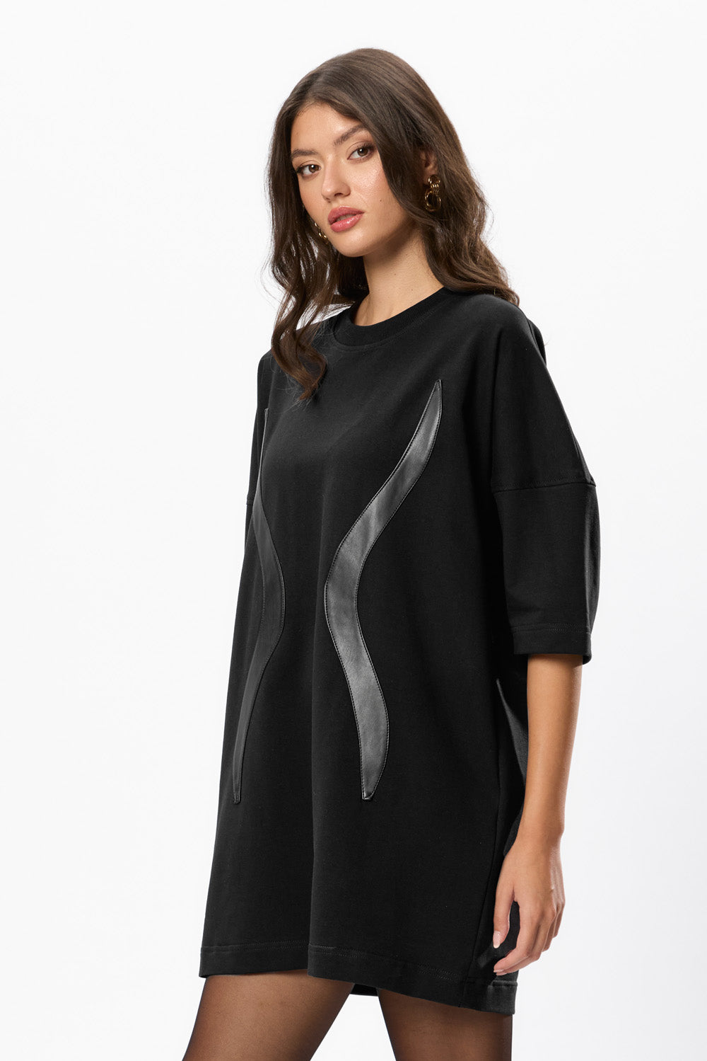 Gitana Mini Dress with Leather Stripes Black