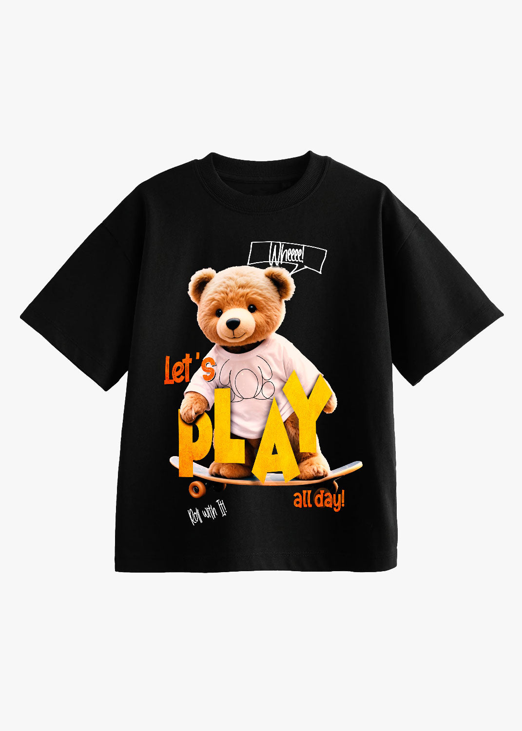 Tricou copii negru "Player" cu ursuleț pe skateboard, mesaj "Let’s Play All Day"