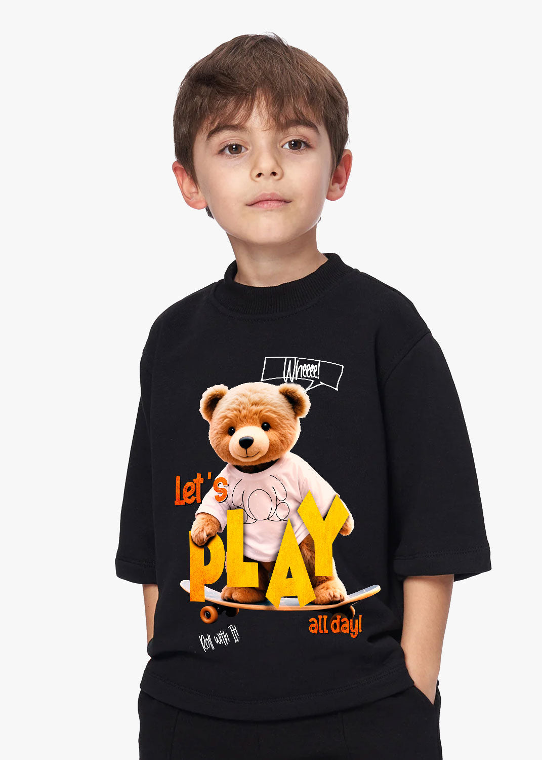 Tricou copii negru "Player" cu ursuleț pe skateboard, mesaj "Let’s Play All Day"
