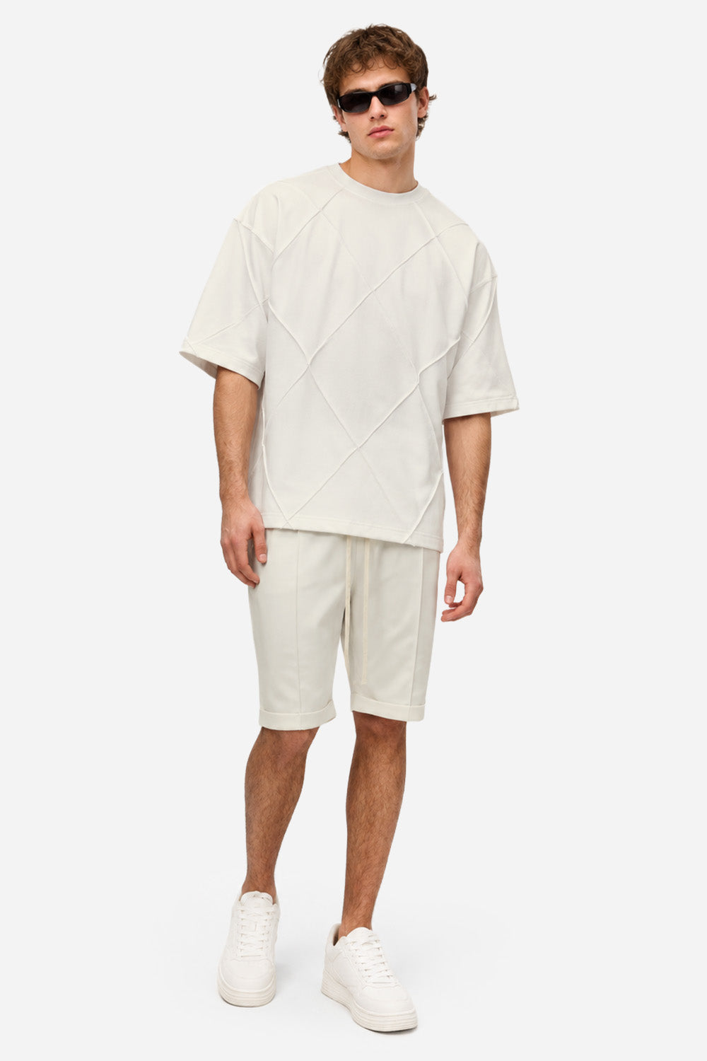 Tricou bărbați off-white din bumbac organic cu cusături decorative, vedere completă