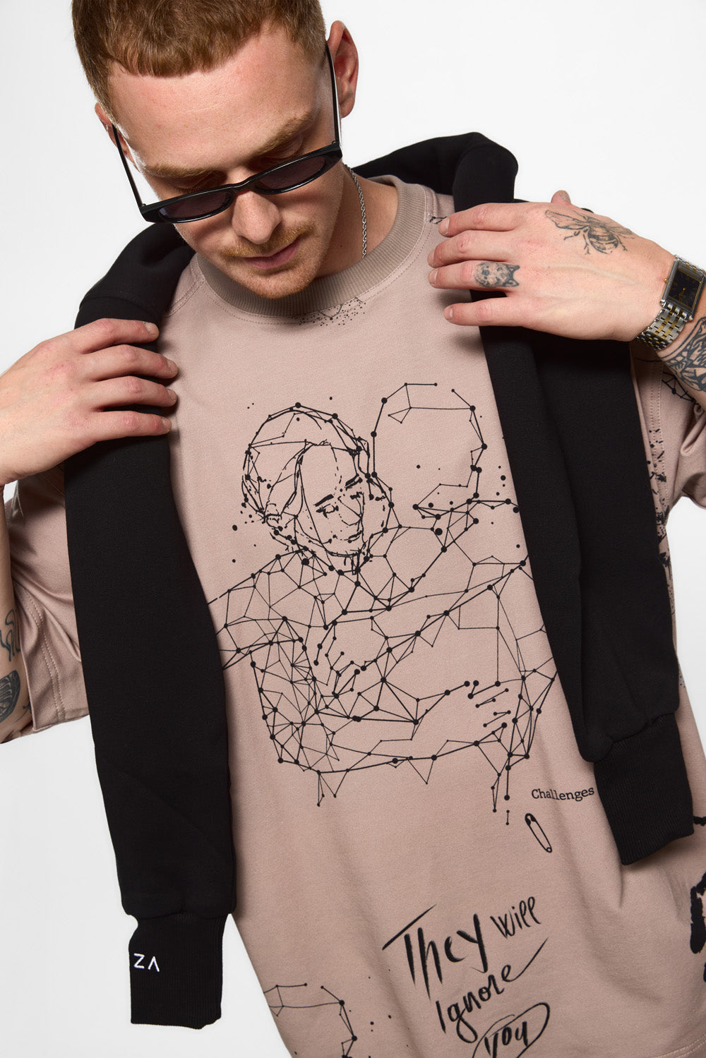 Tattoo Printed Beige Oversized T-shirt