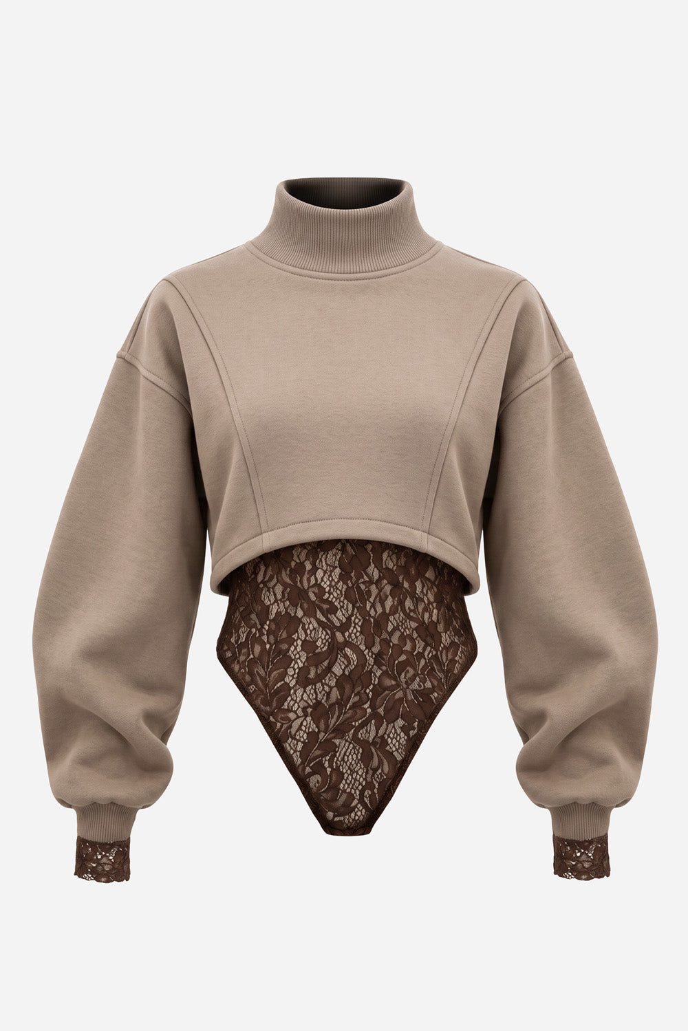 Osaka Beige Cropped Turtleneck & Lace Bodysuit Set