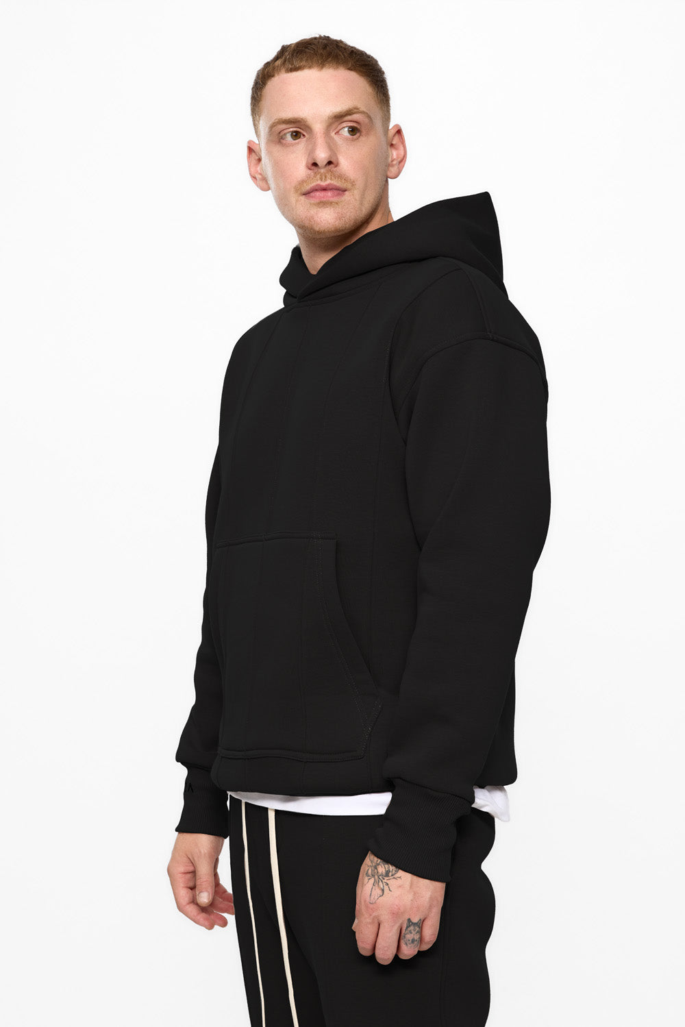 247 black fleece Hoodie with decorative stitching