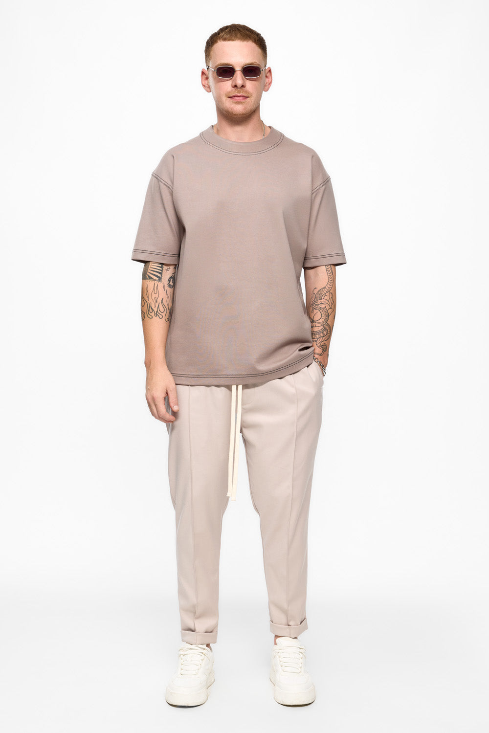 Khan Beige T-shirt with decorative stitching