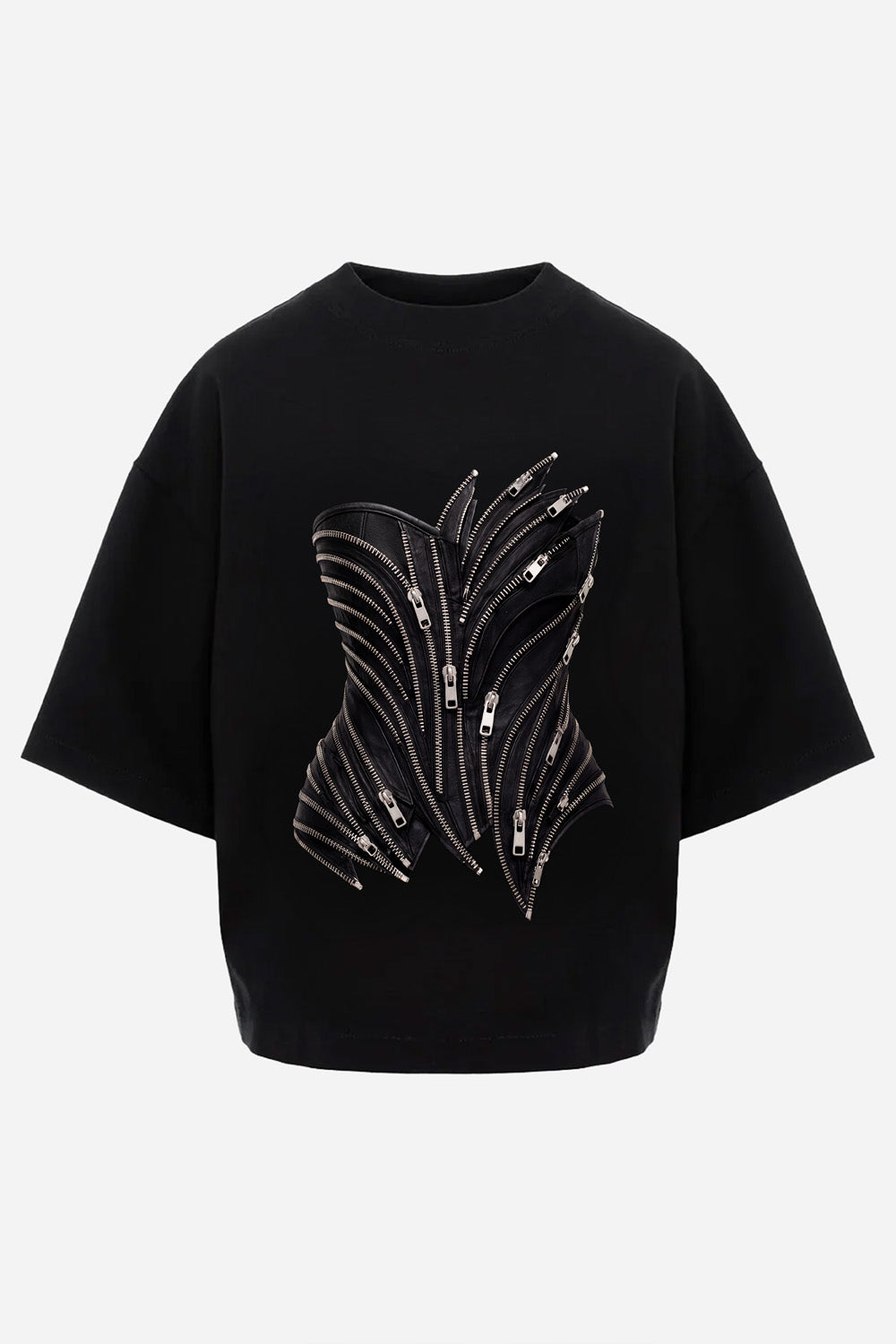 Zipper Corset printed Black T-Shirt