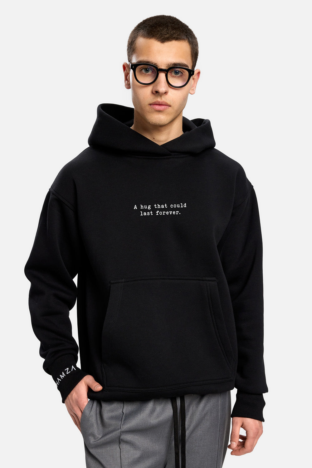 A hug that could last 4ever Printed Fleece Hoodie | Comfort & Elegance | Men | Black | Atelier Hamza