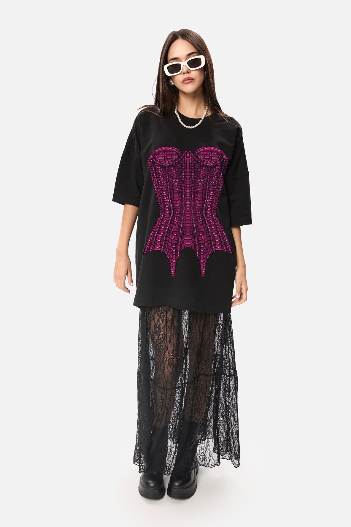 Corset printed velvet black t-shirt dress W