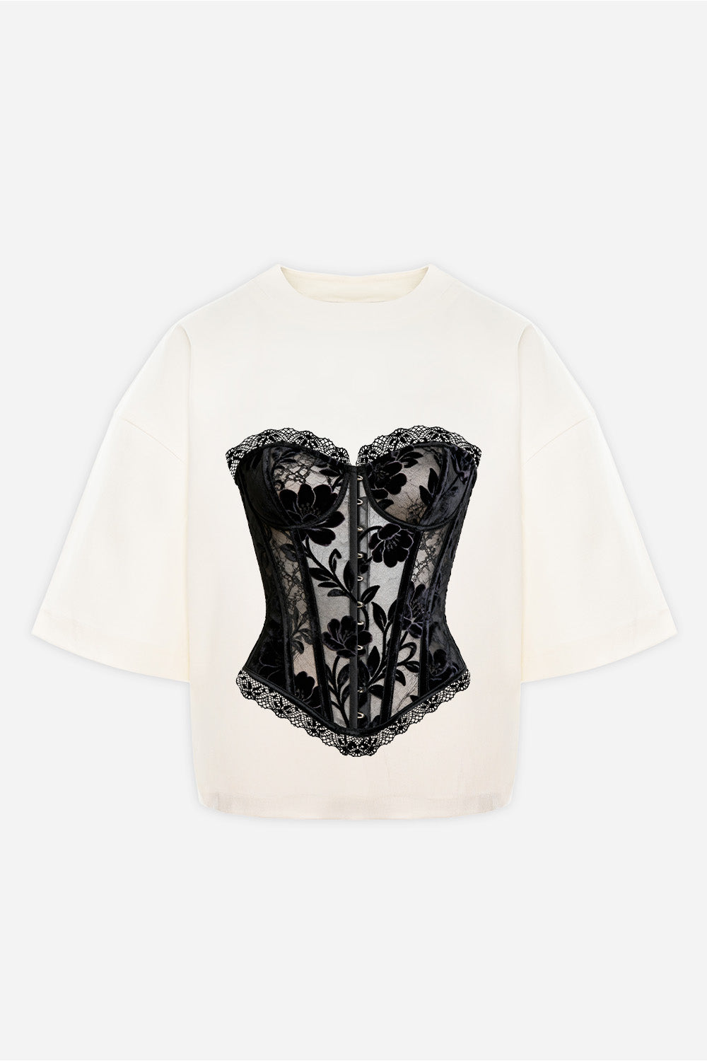 Tricou femei off-white oversized din vâscoză cu imprimeu frontal „Couture” și mâneci clopot, prezentare pe manechin invizibil.