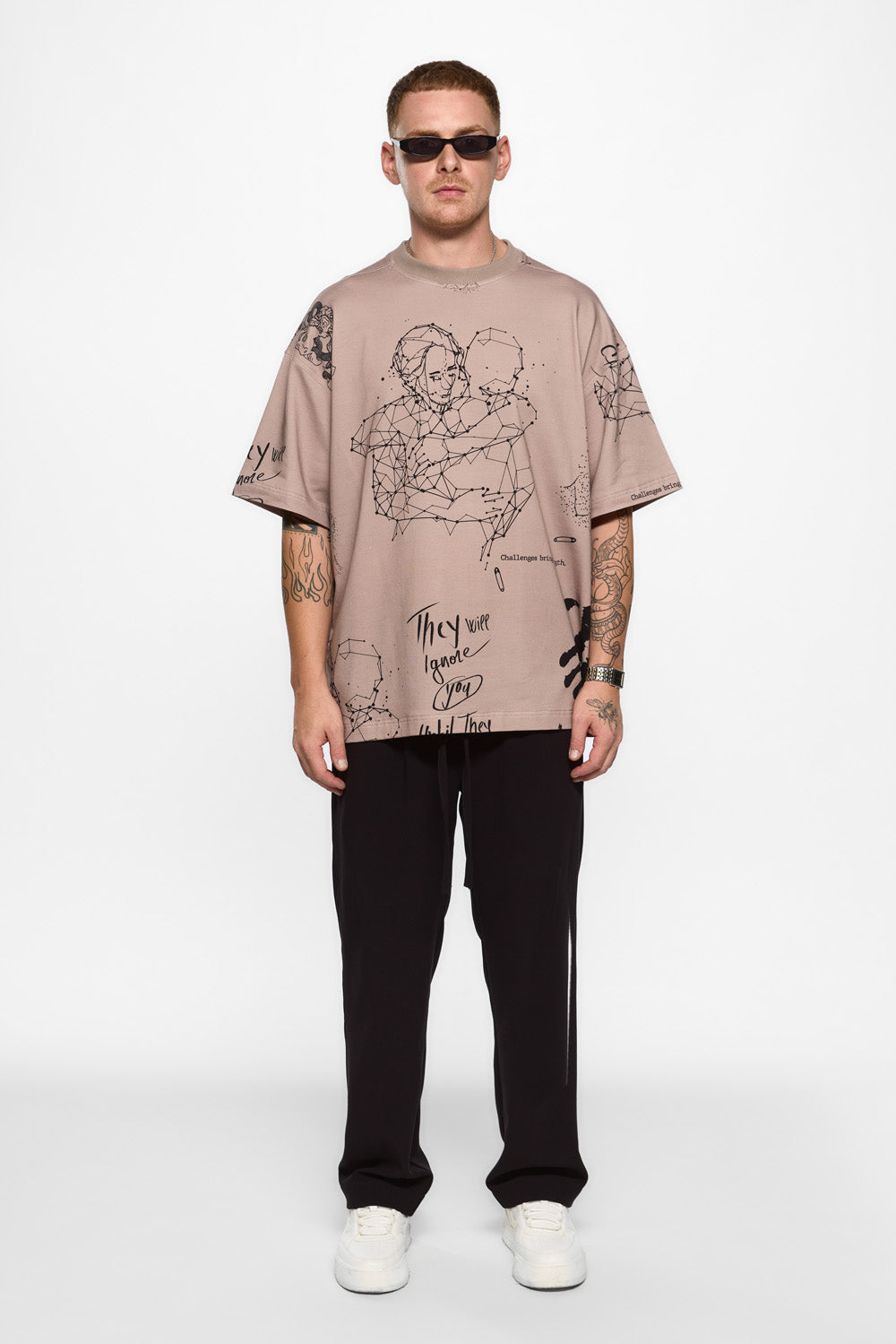 Tattoo Printed Beige Oversized T-shirt