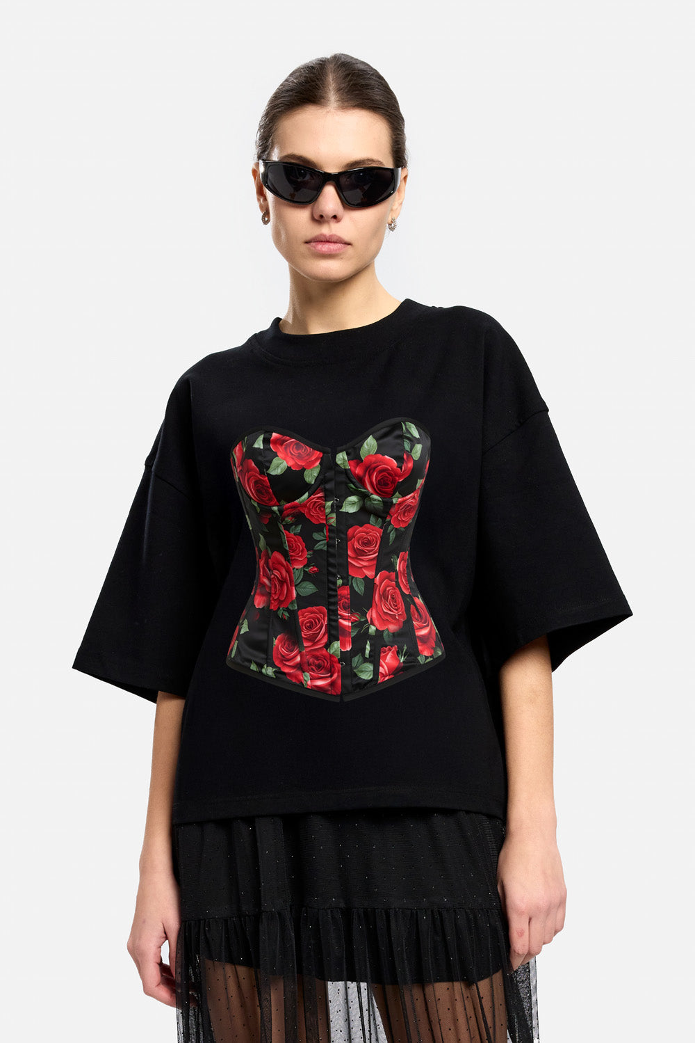 Tricou cu imprimeu Bouquet|  Femei | Negru | Stil Modern & Elegant | Confort & Funcționalitate | Atelier Hamza