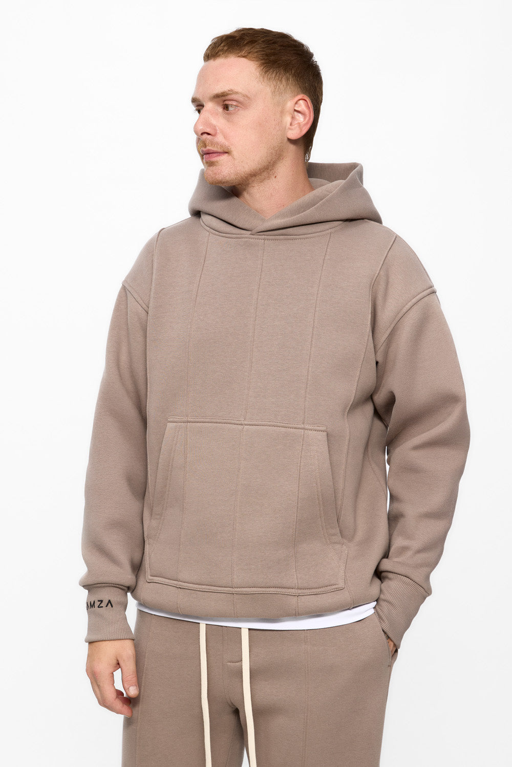 247 beige fleece Hoodie with decorative stitching