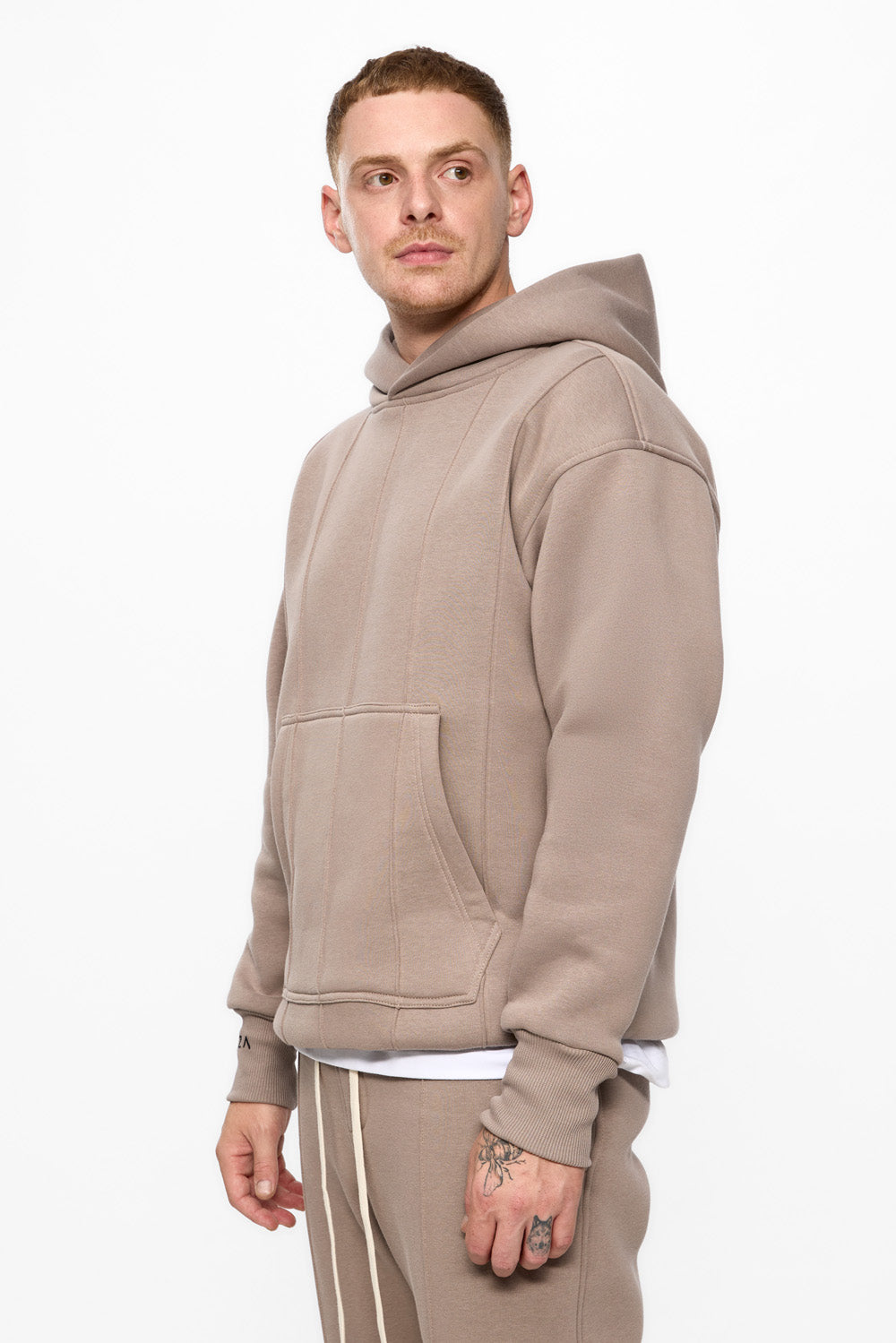 247 beige fleece Hoodie with decorative stitching