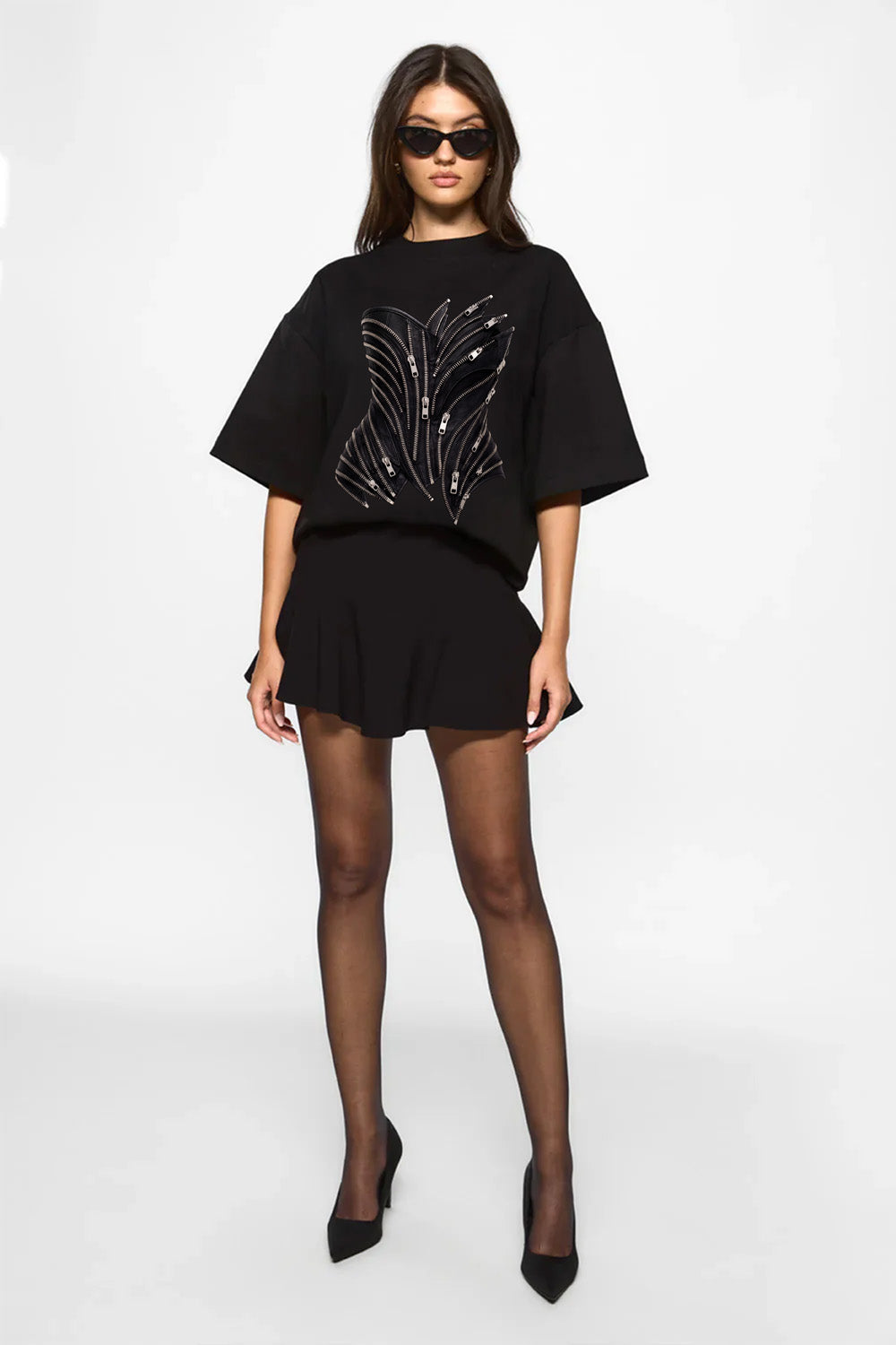 Zipper Corset printed Black T-Shirt