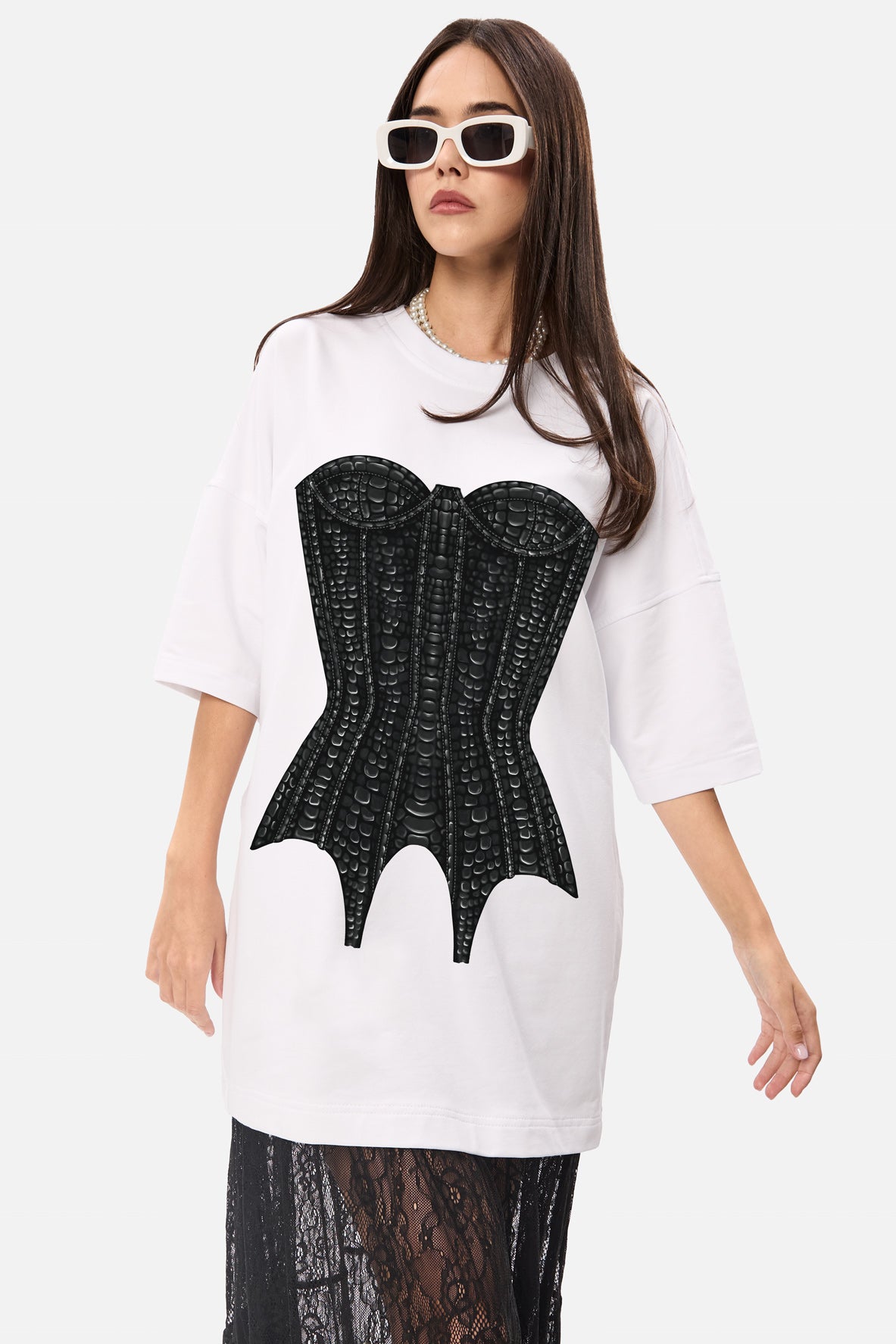 Corset dark printed white t-shirt dress W