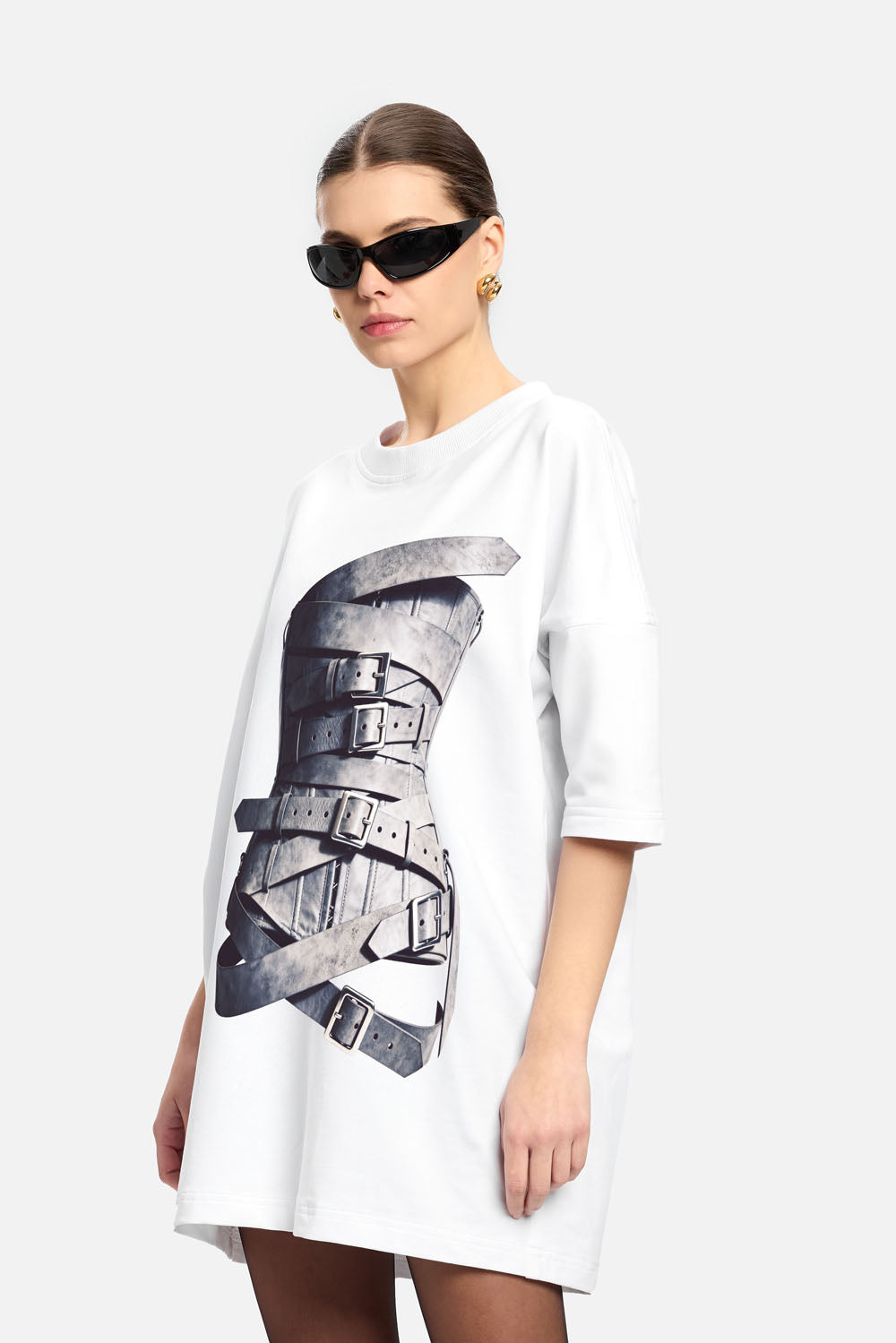 Silver Belt printed White Dress