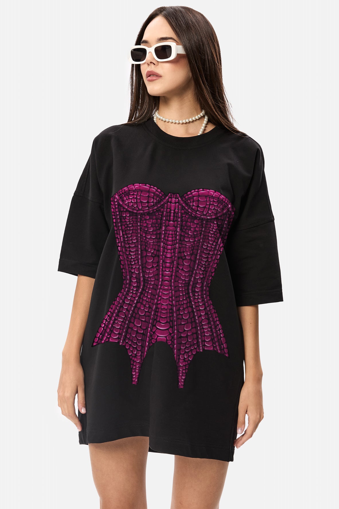 Corset printed velvet black t-shirt dress W