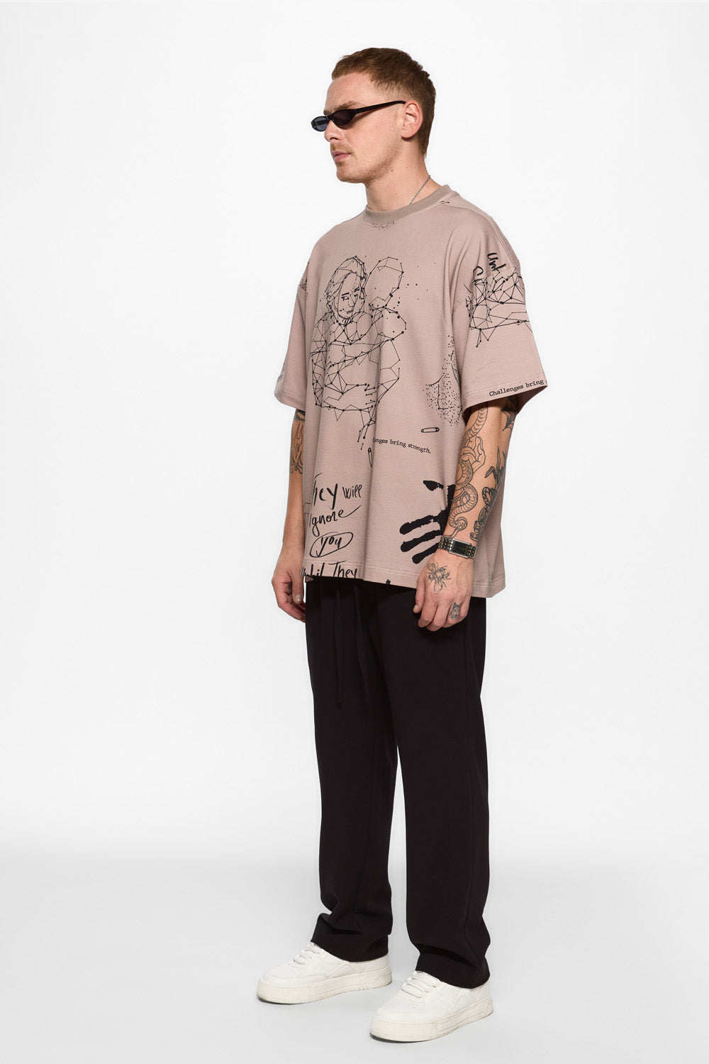 Tattoo Printed Beige Oversized T-shirt