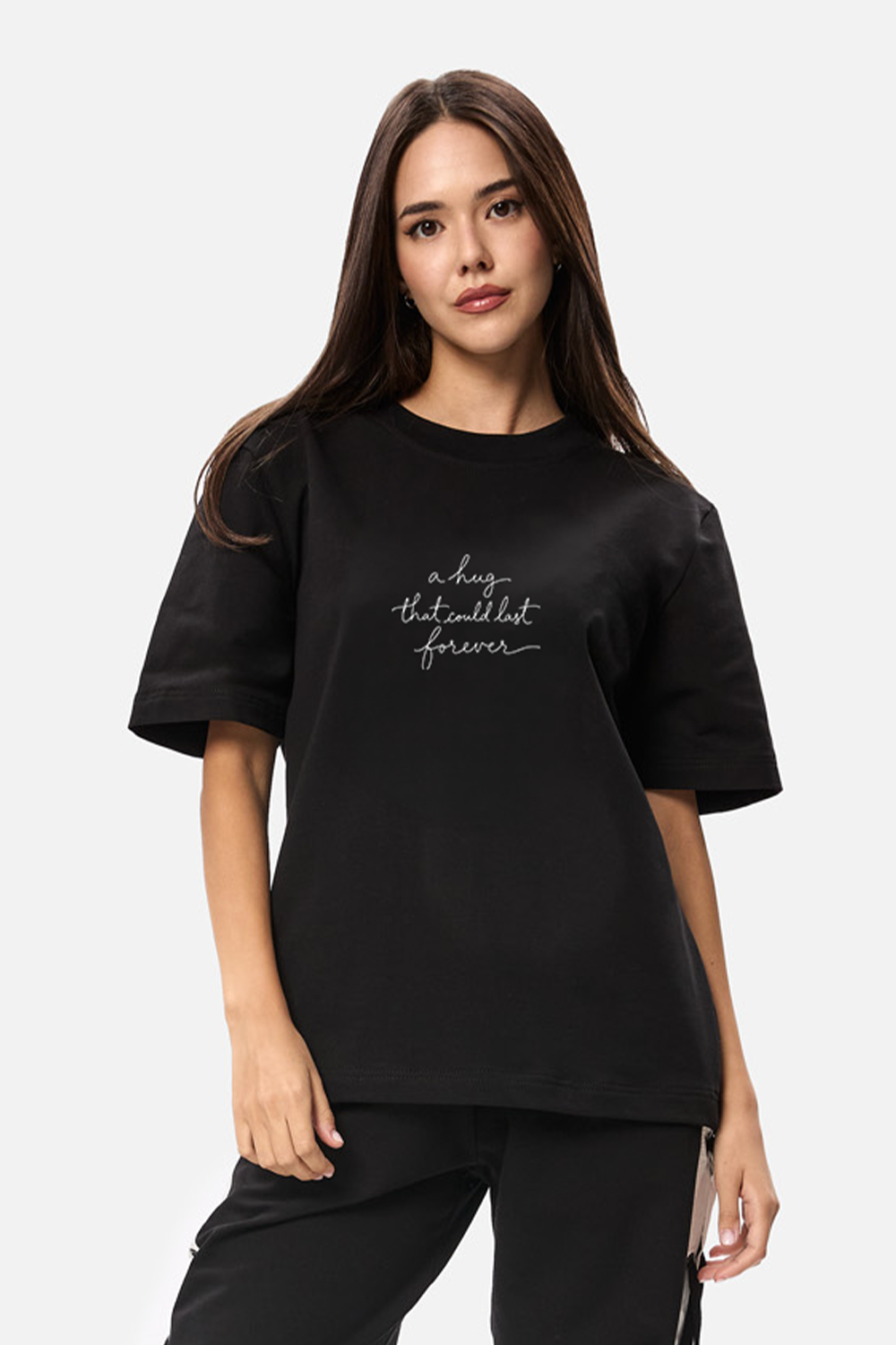A hug one line black T-shirt