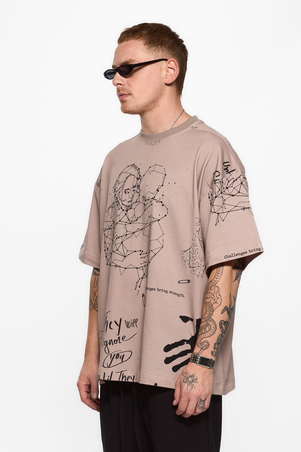 Tattoo Printed Beige Oversized T-shirt