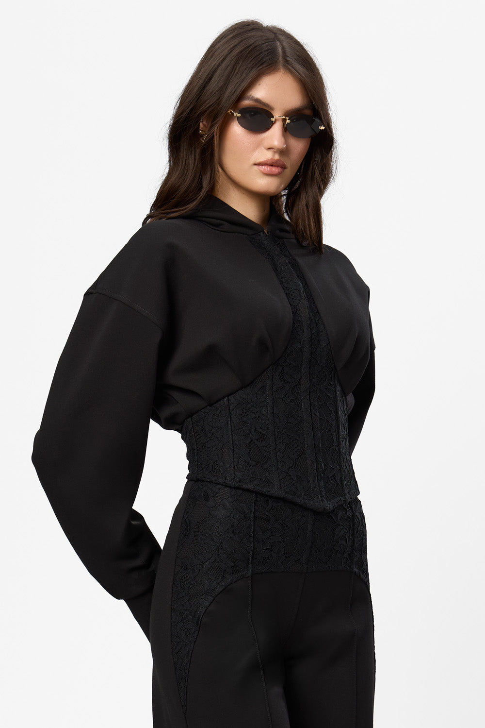 Karol black hoodie with a sheer lace corset