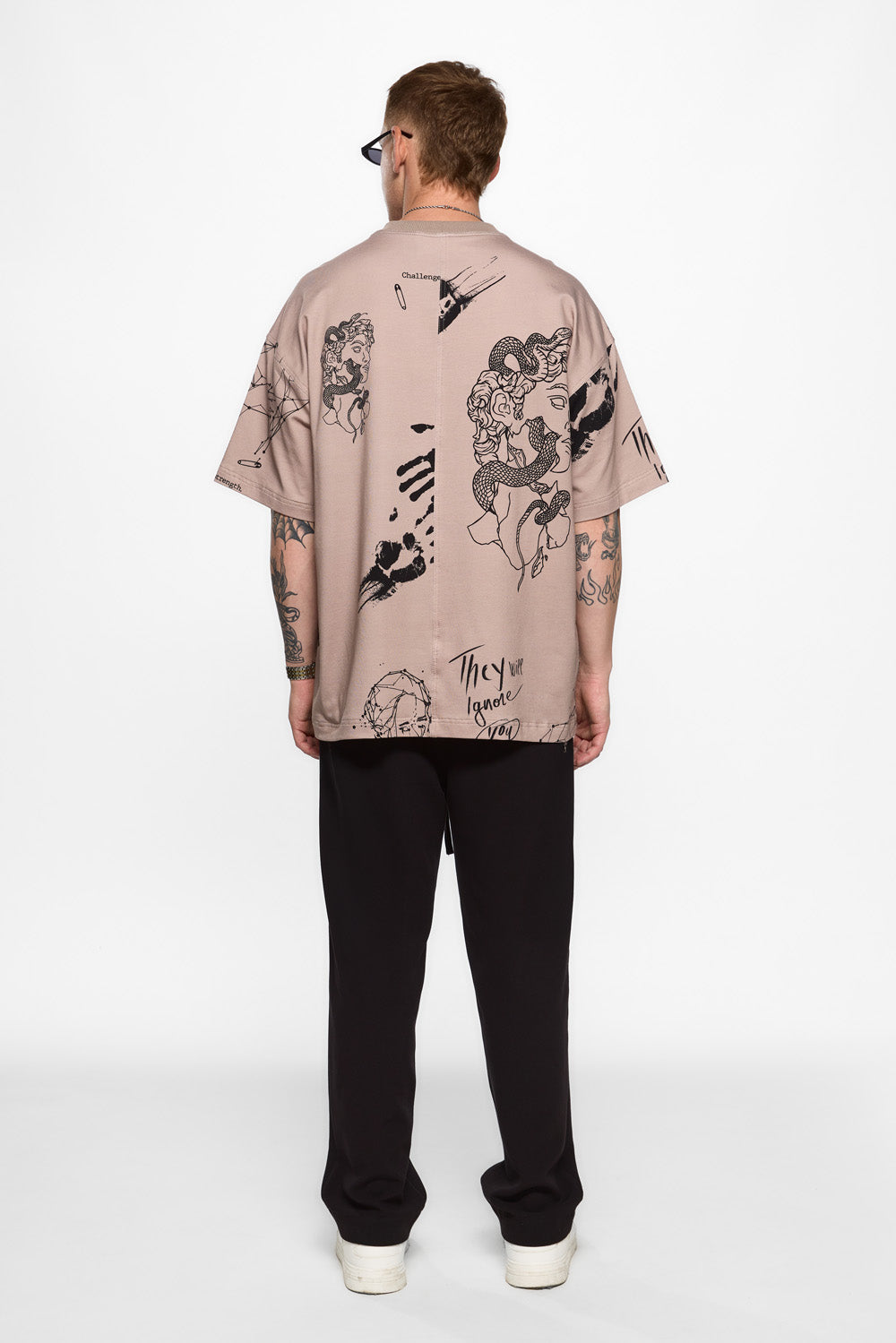 Tattoo Printed Beige Oversized T-shirt