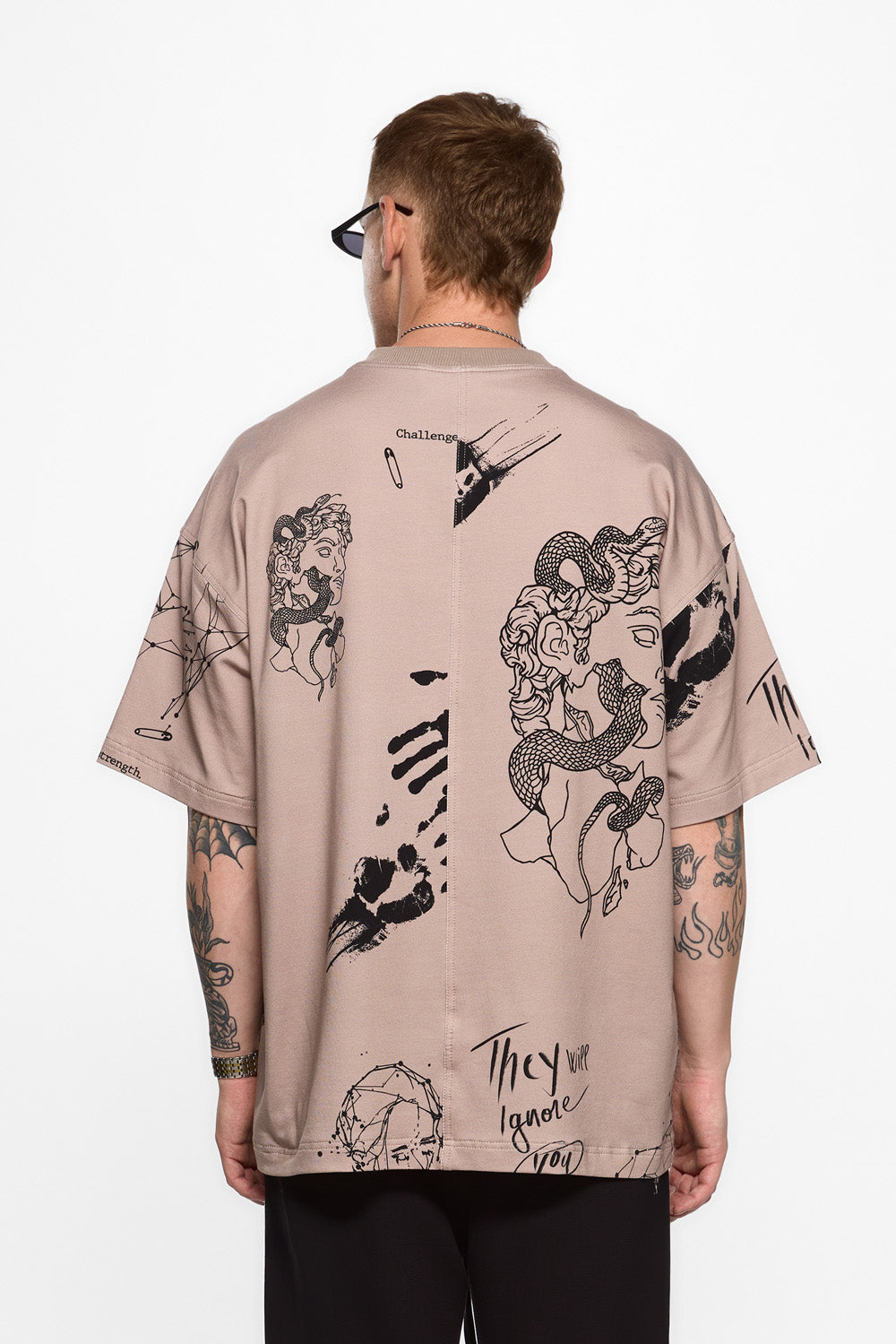 Tattoo Printed Beige Oversized T-shirt