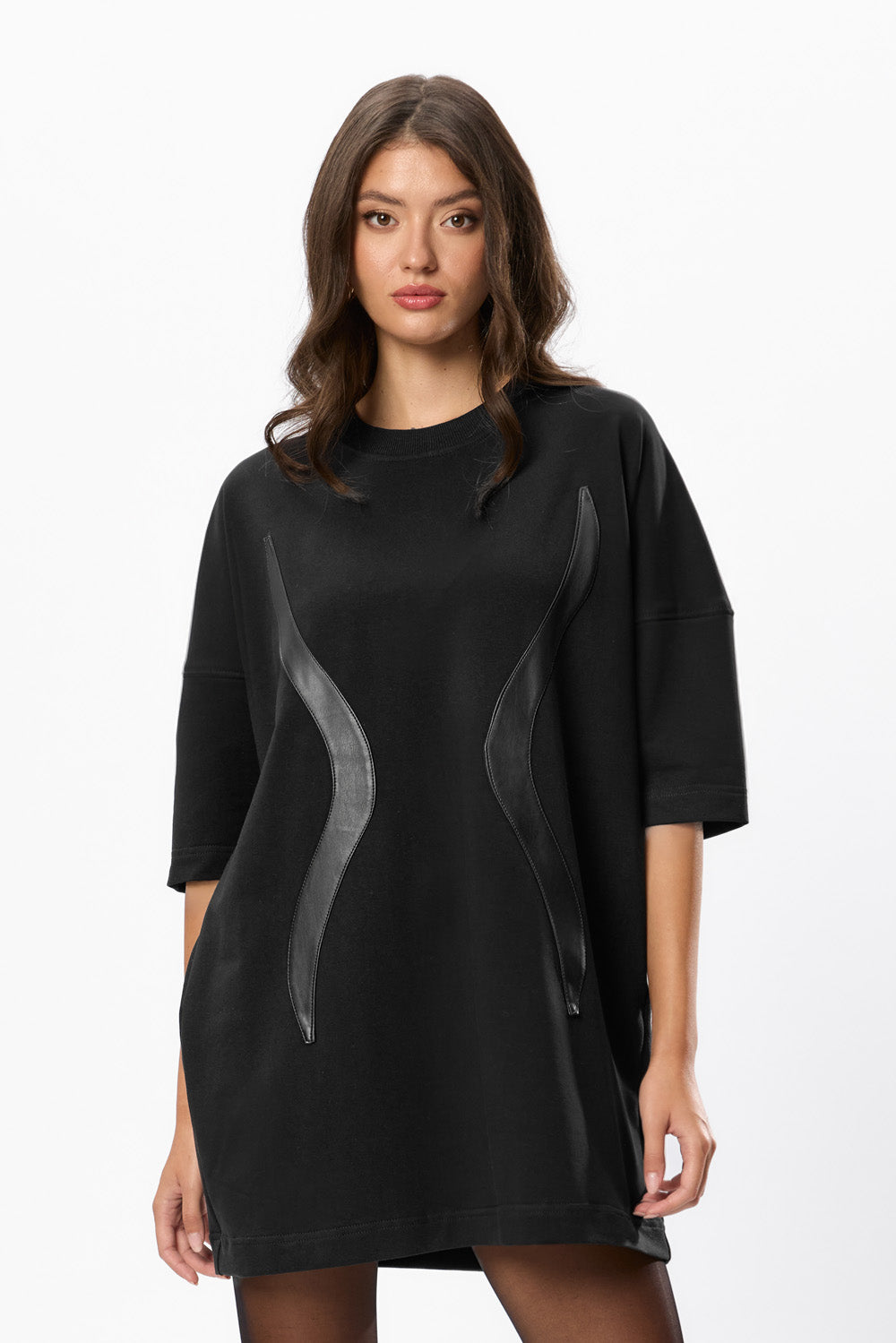 Gitana Mini Dress with Leather Stripes Black