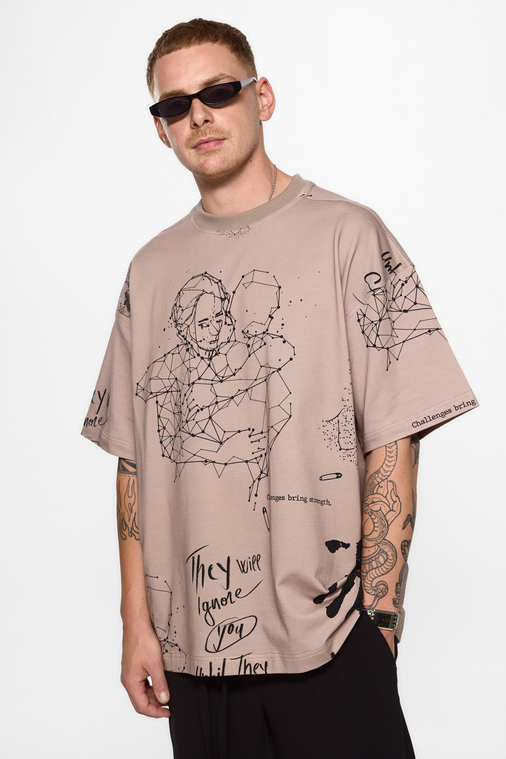 Tattoo Printed Beige Oversized T-shirt