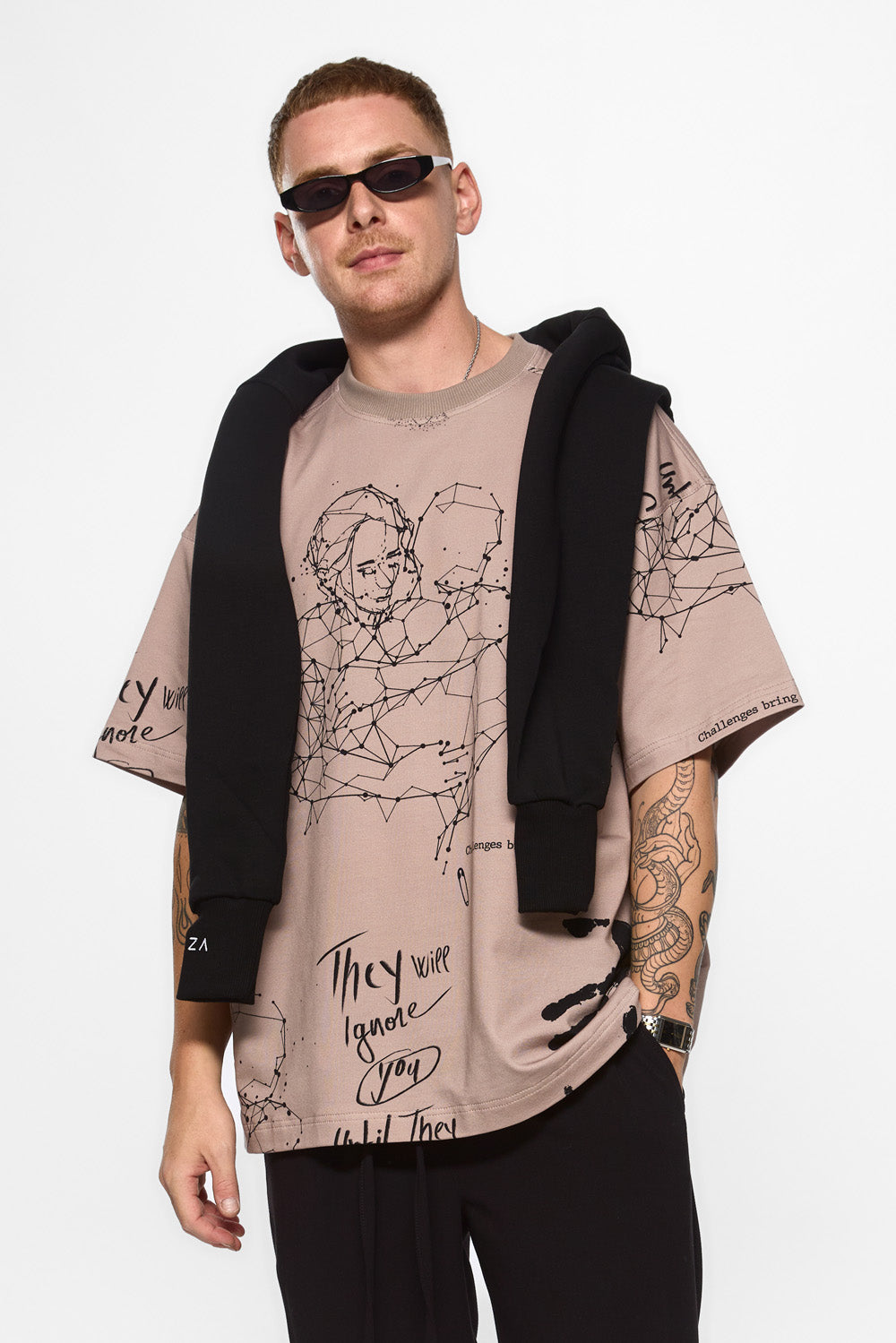 Tattoo Printed Beige Oversized T-shirt