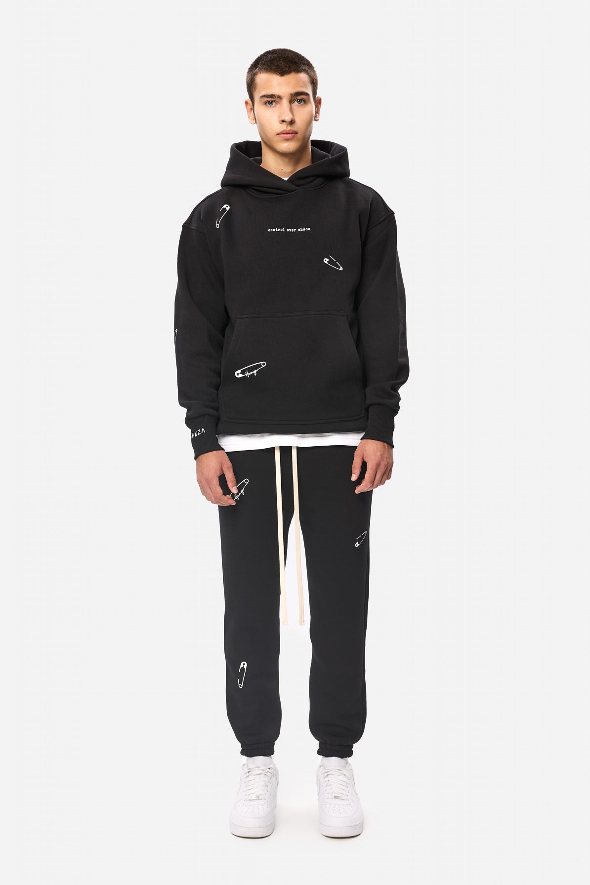 Safety Pin Black Printed Fleece Tracksuit