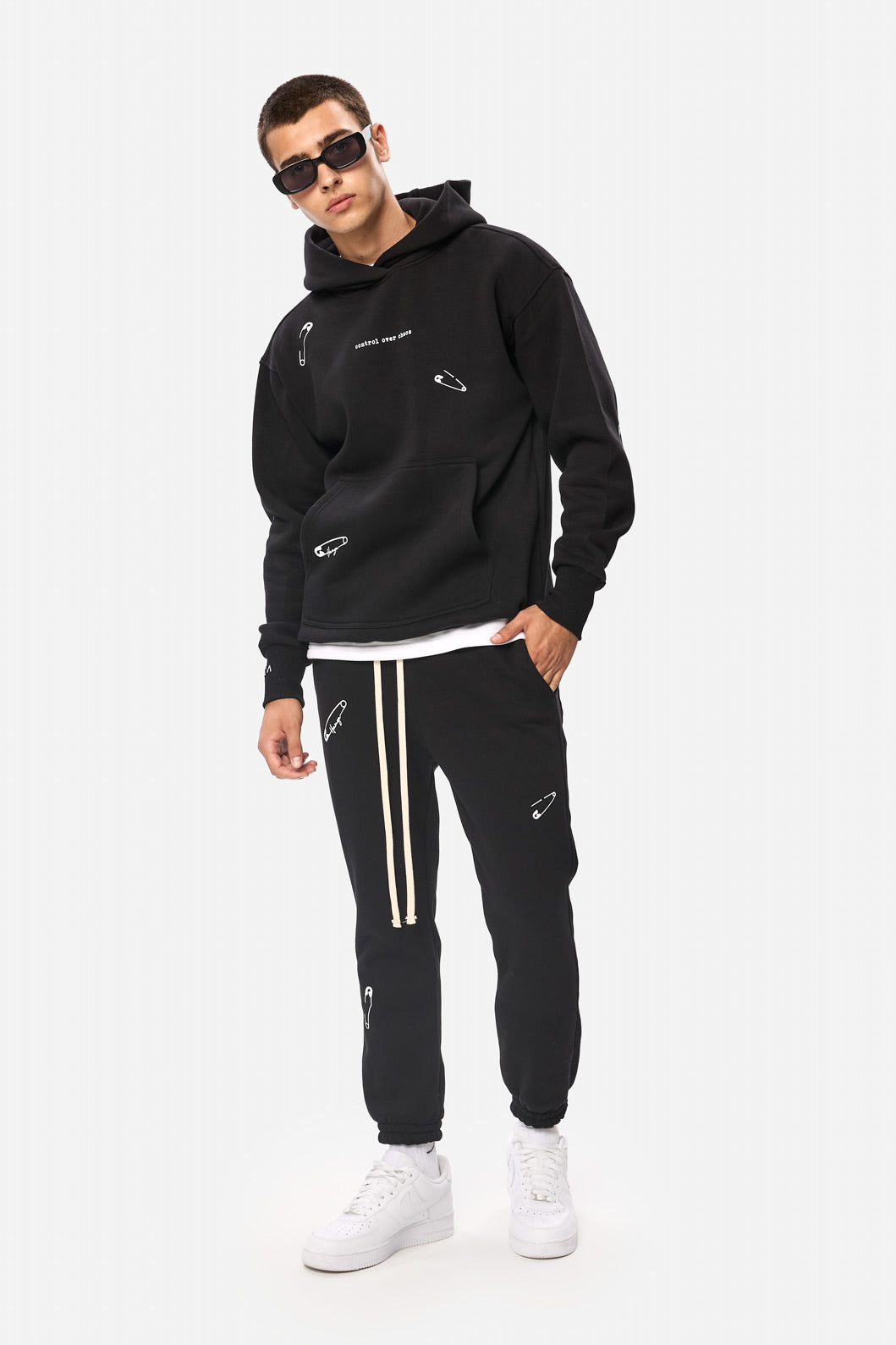 Safety Pin Black Printed Fleece Tracksuit