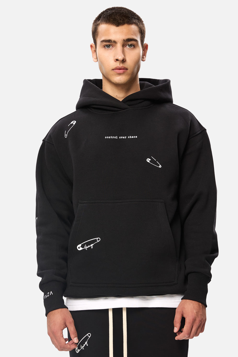 Safety Pin Black Printed Fleece Hoodie