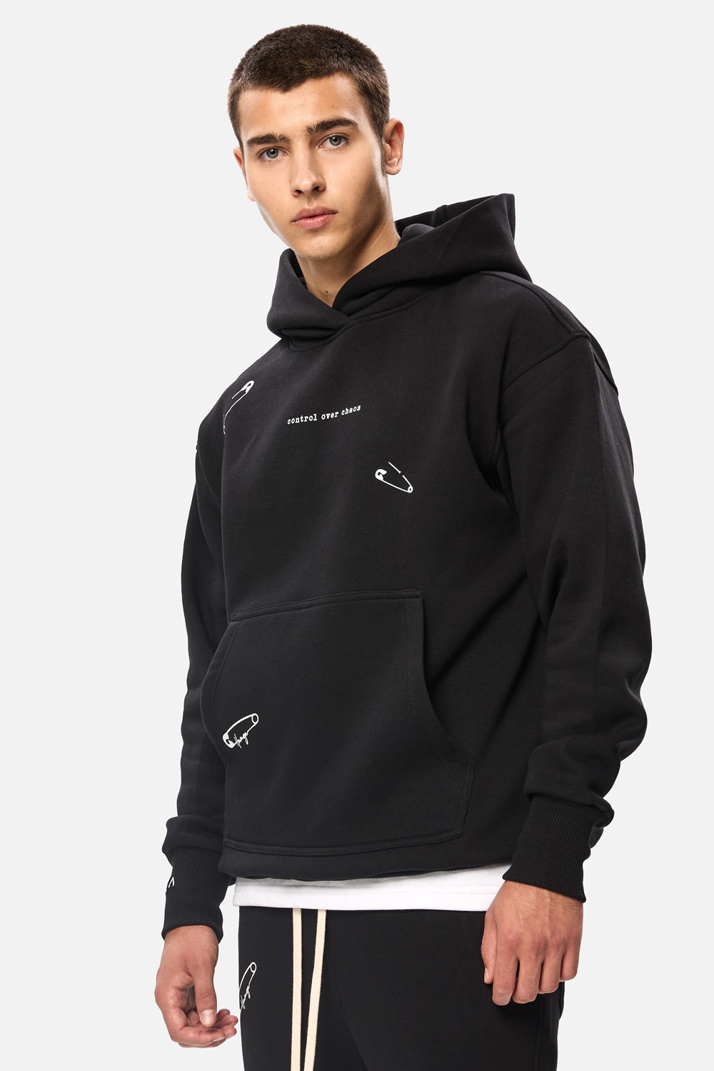 Safety Pin Black Printed Fleece Hoodie