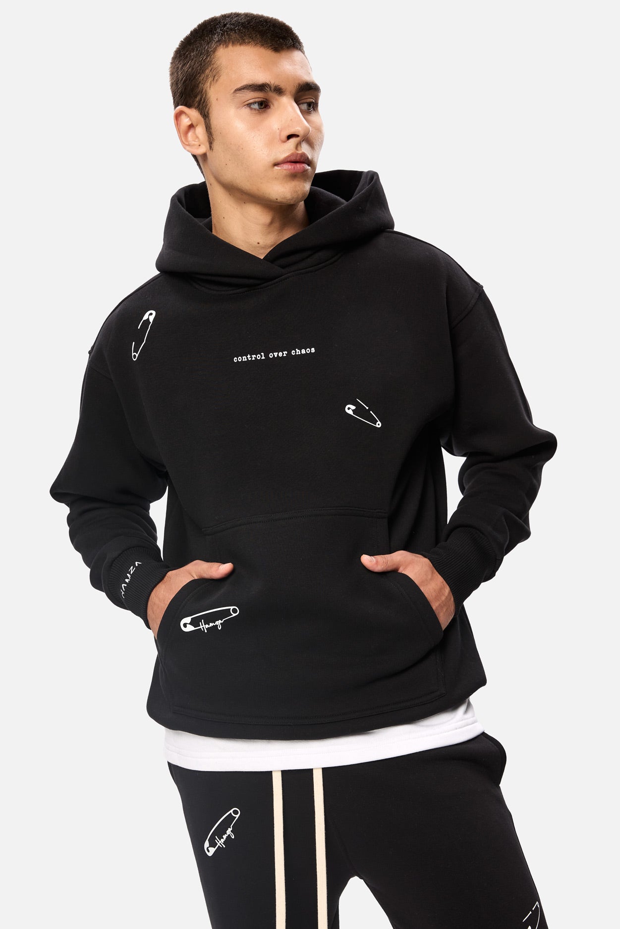 Safety Pin Black Printed Fleece Hoodie