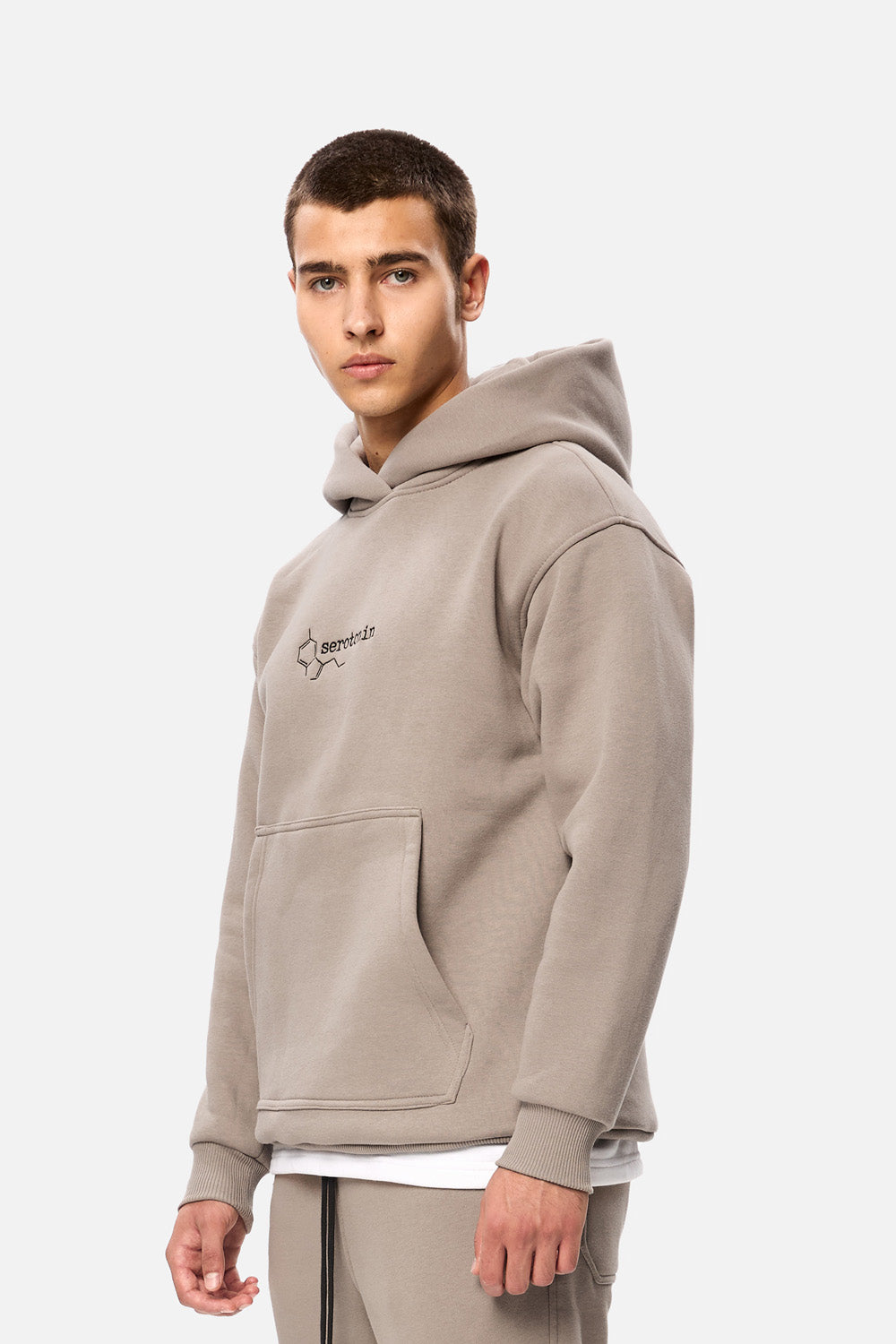 Serotonin Beige Embroidered Fleece Hoodie