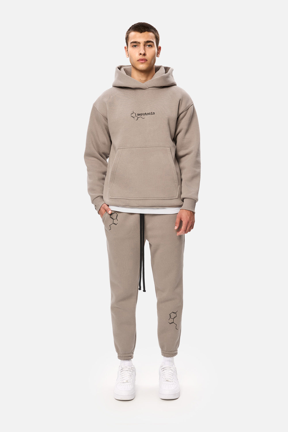 Serotonin Beige Embroidered Fleece Hoodie